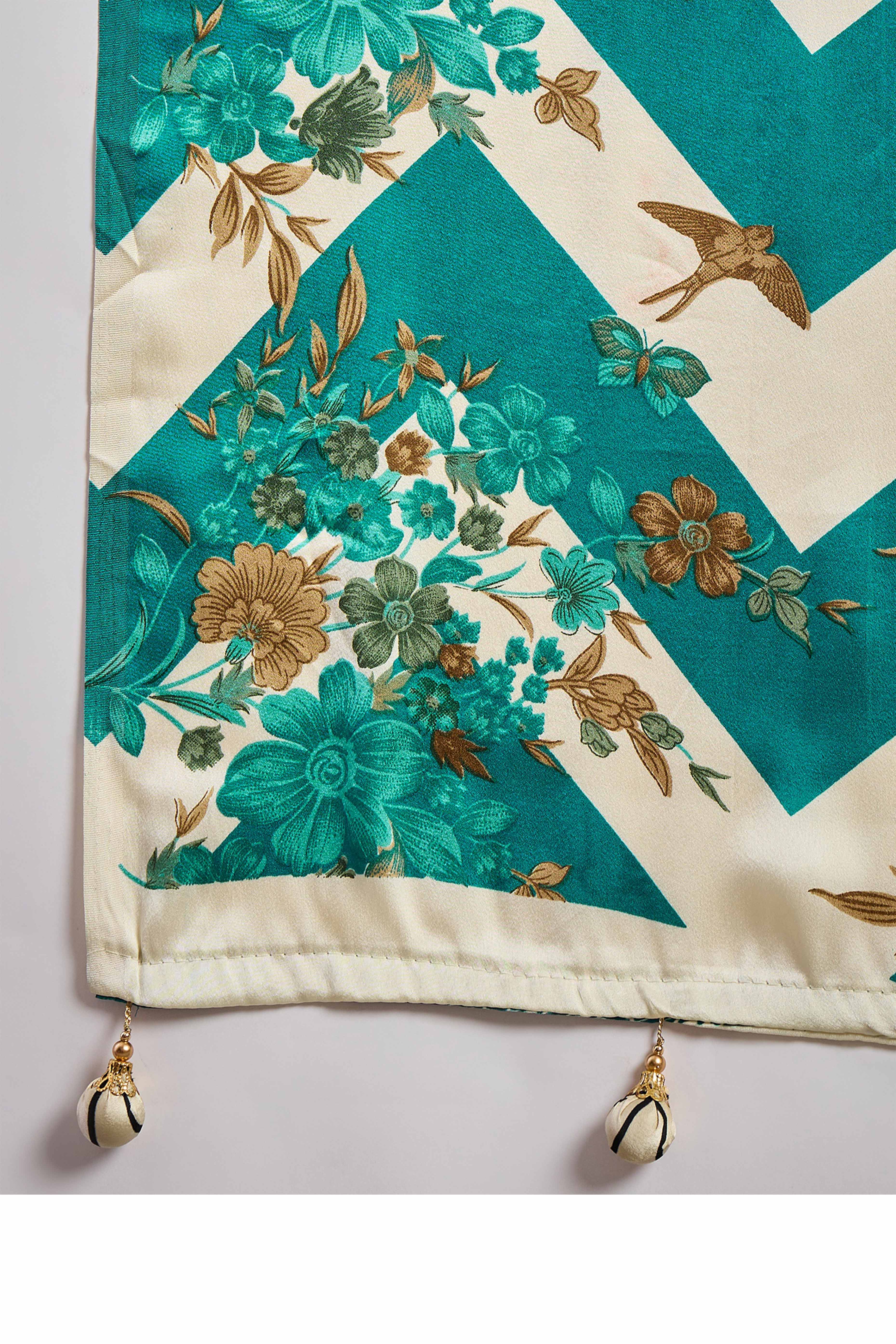 Rama Green Floral Printed Modal Satin Party Wear Saree with a Smooth Satin Finish