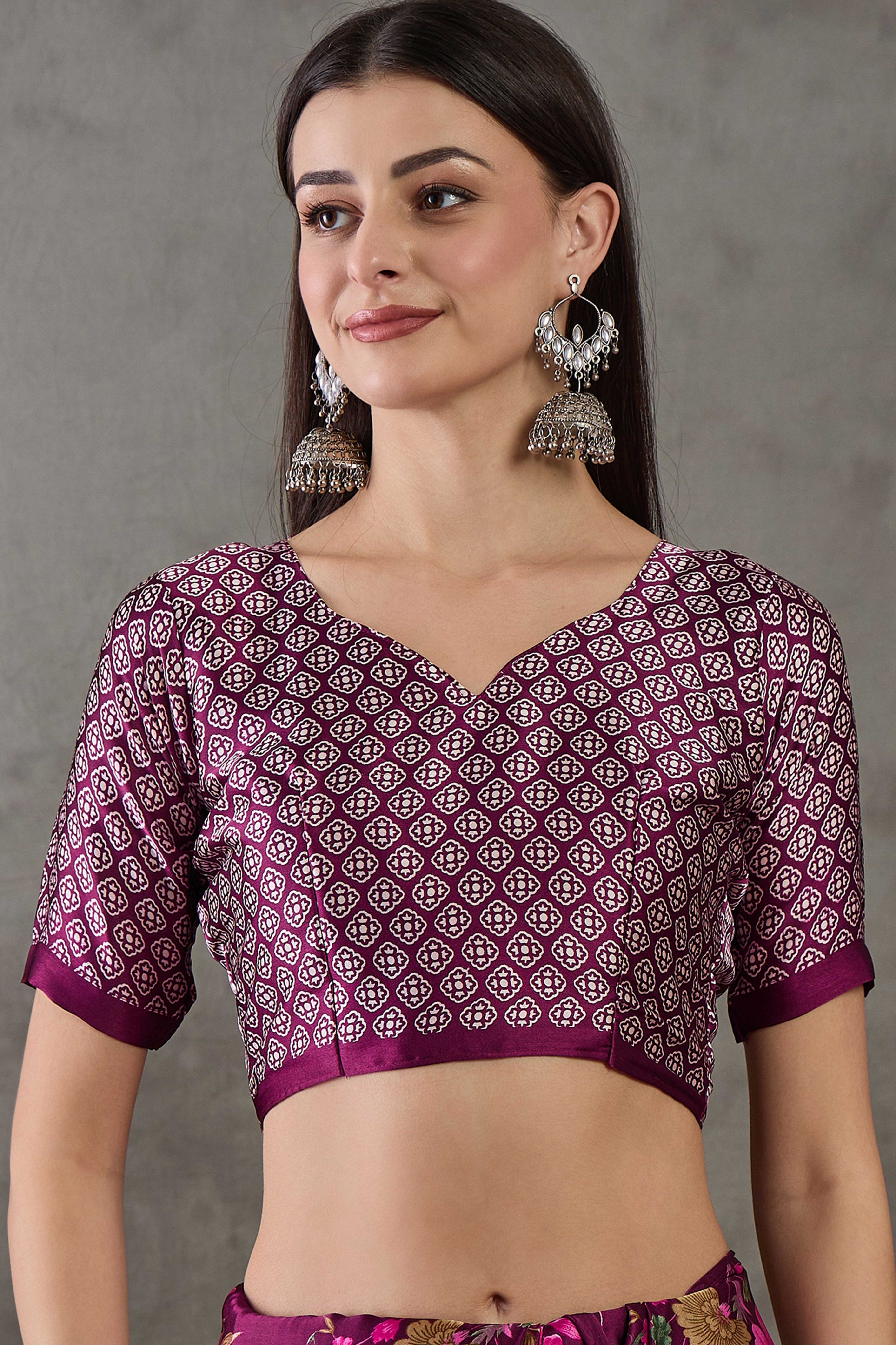 Wine Floral Printed Modal Satin Party Wear Saree with a Smooth Satin Finish