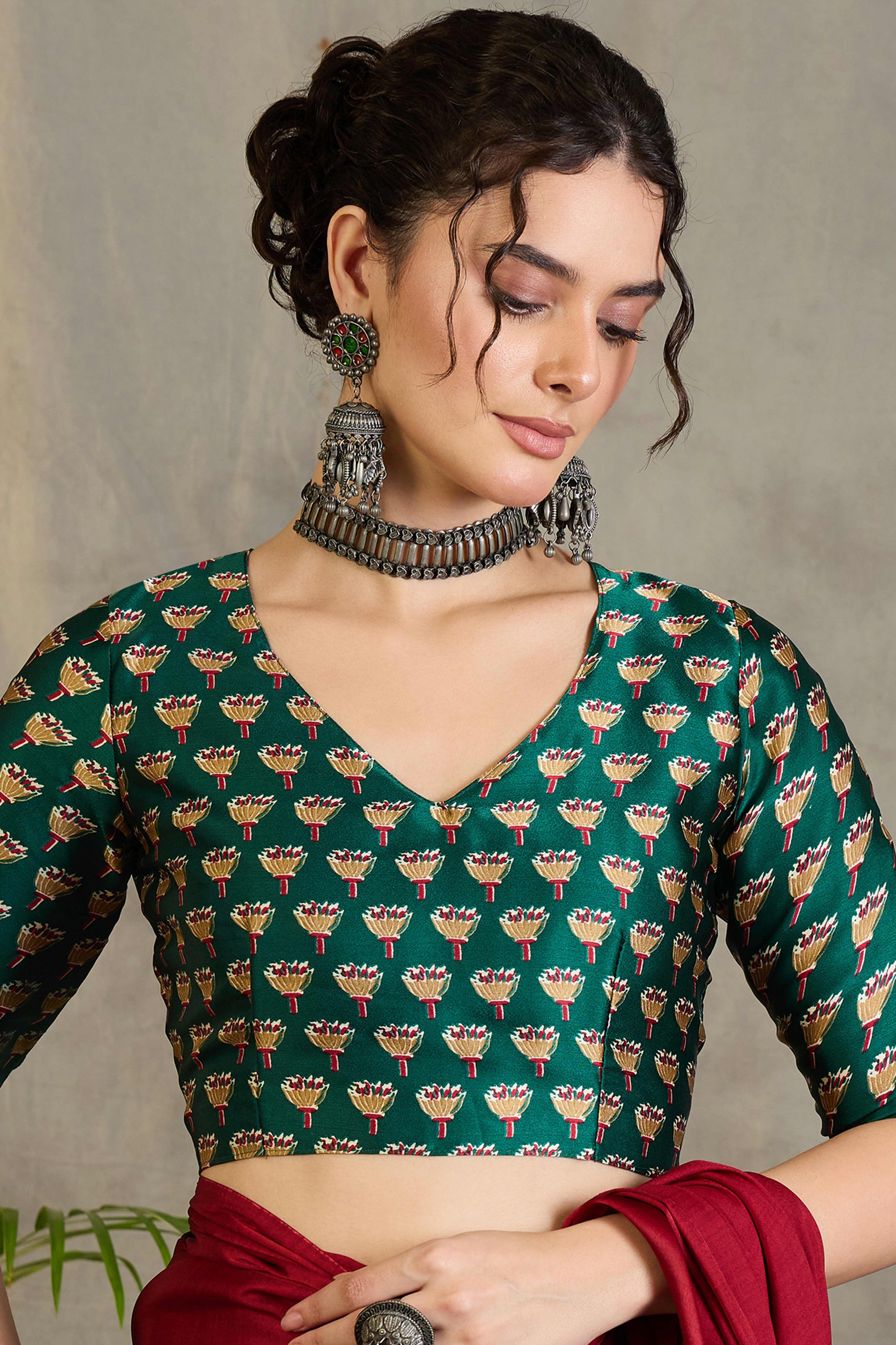 Green Solid Modal Satin Saree Highlighted with Classic Ajrakh Pallu Design