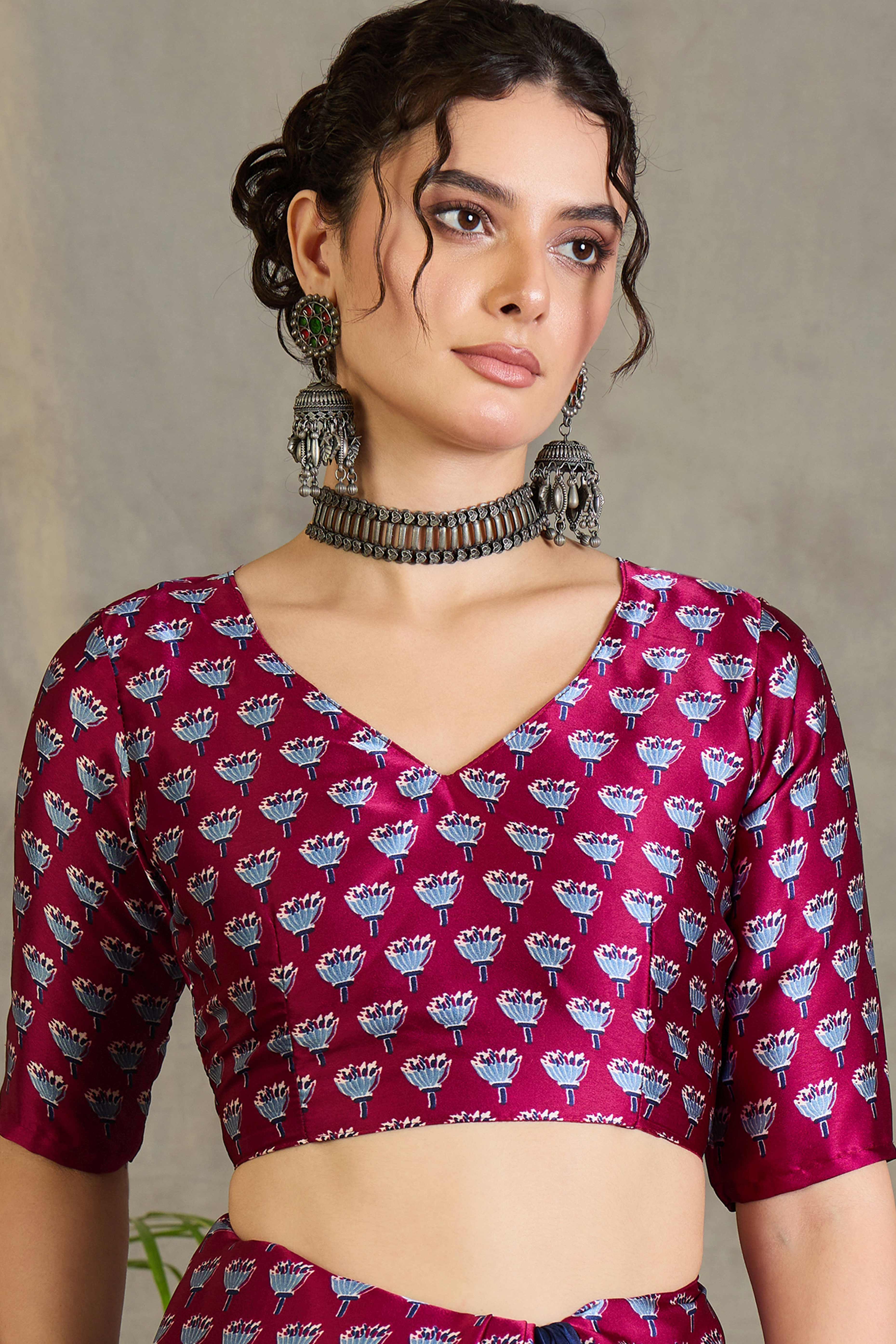 Wine Solid Modal Satin Saree Highlighted with Classic Ajrakh Pallu Design