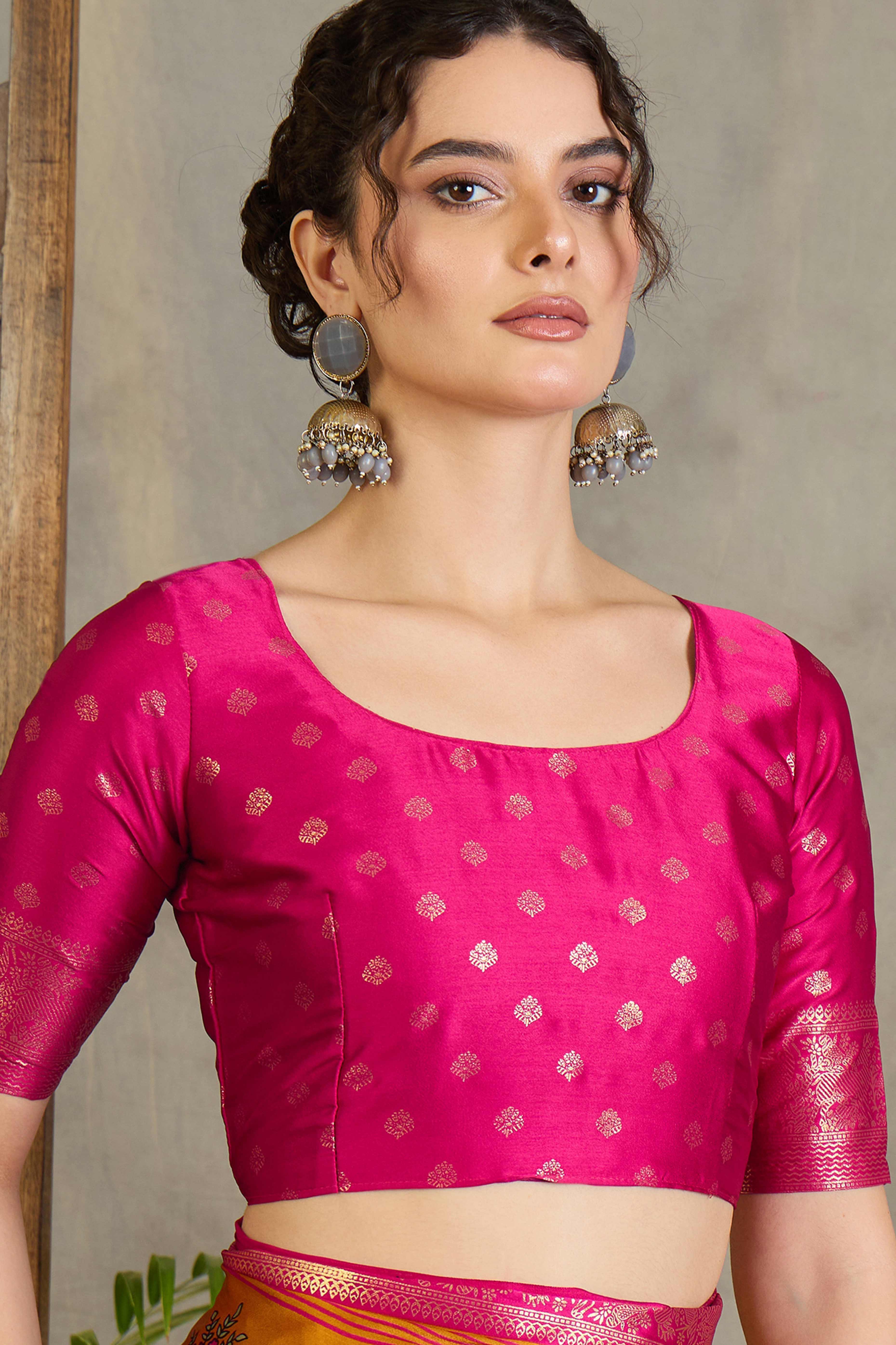 Mustard Floral Printed Modal Satin Saree with Traditional Zari Detailing