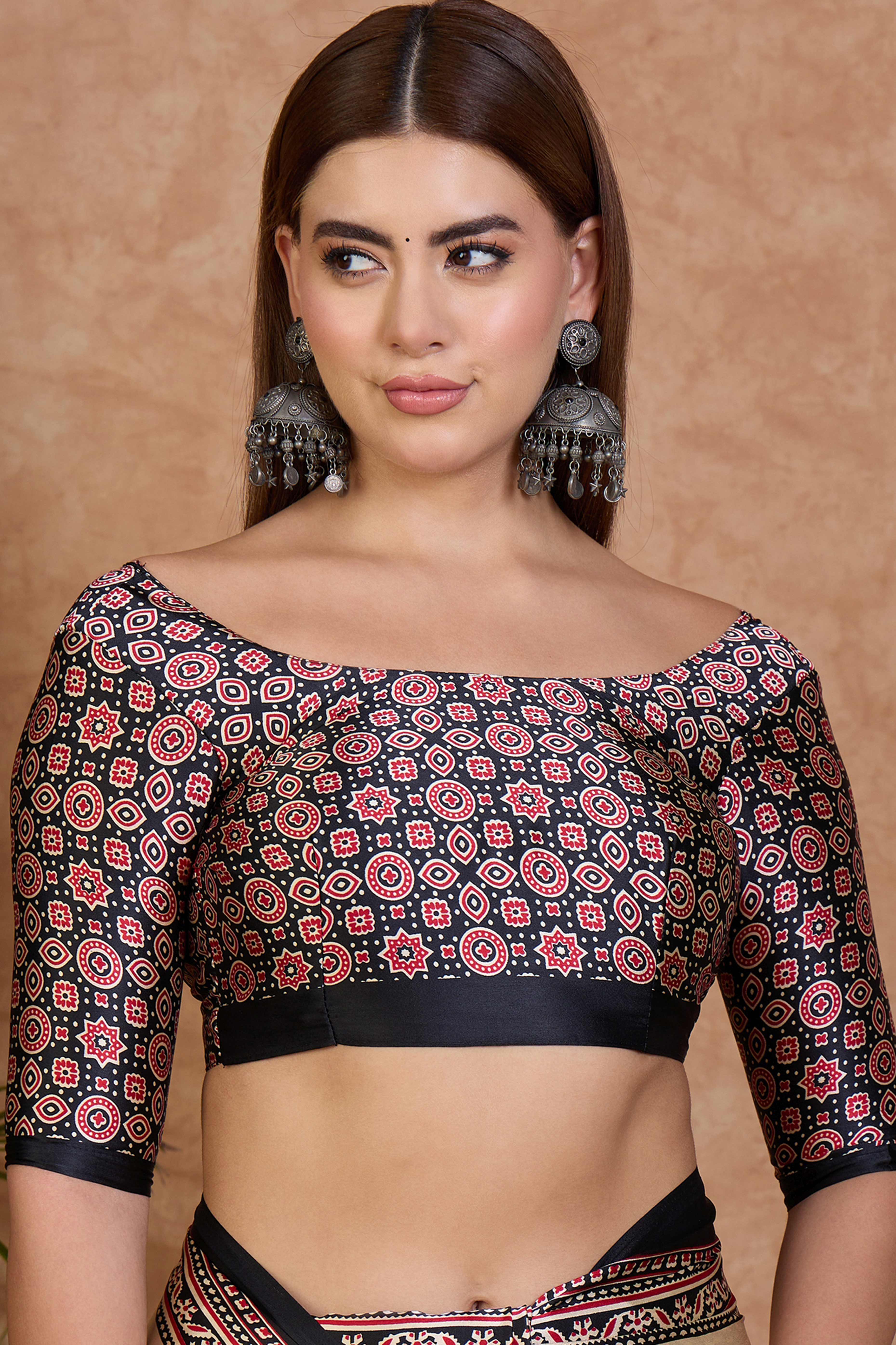 Cream & Black Modal Satin Saree Featuring a Solid Base and Artisanal Ajrakh Pallu