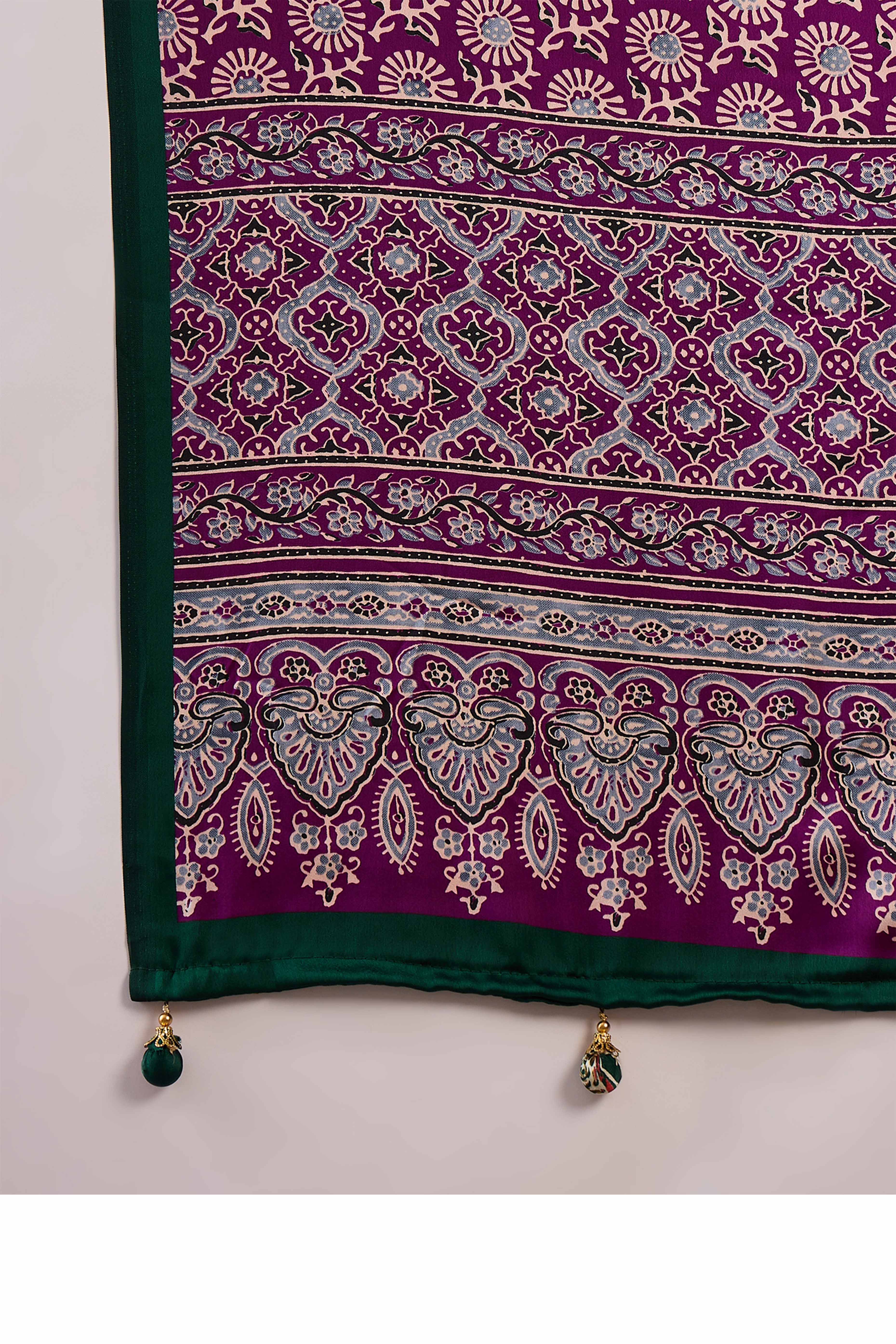 Green & Purple Ajrakh Printed Modal Satin Saree with Elegant Party Wear Appeal