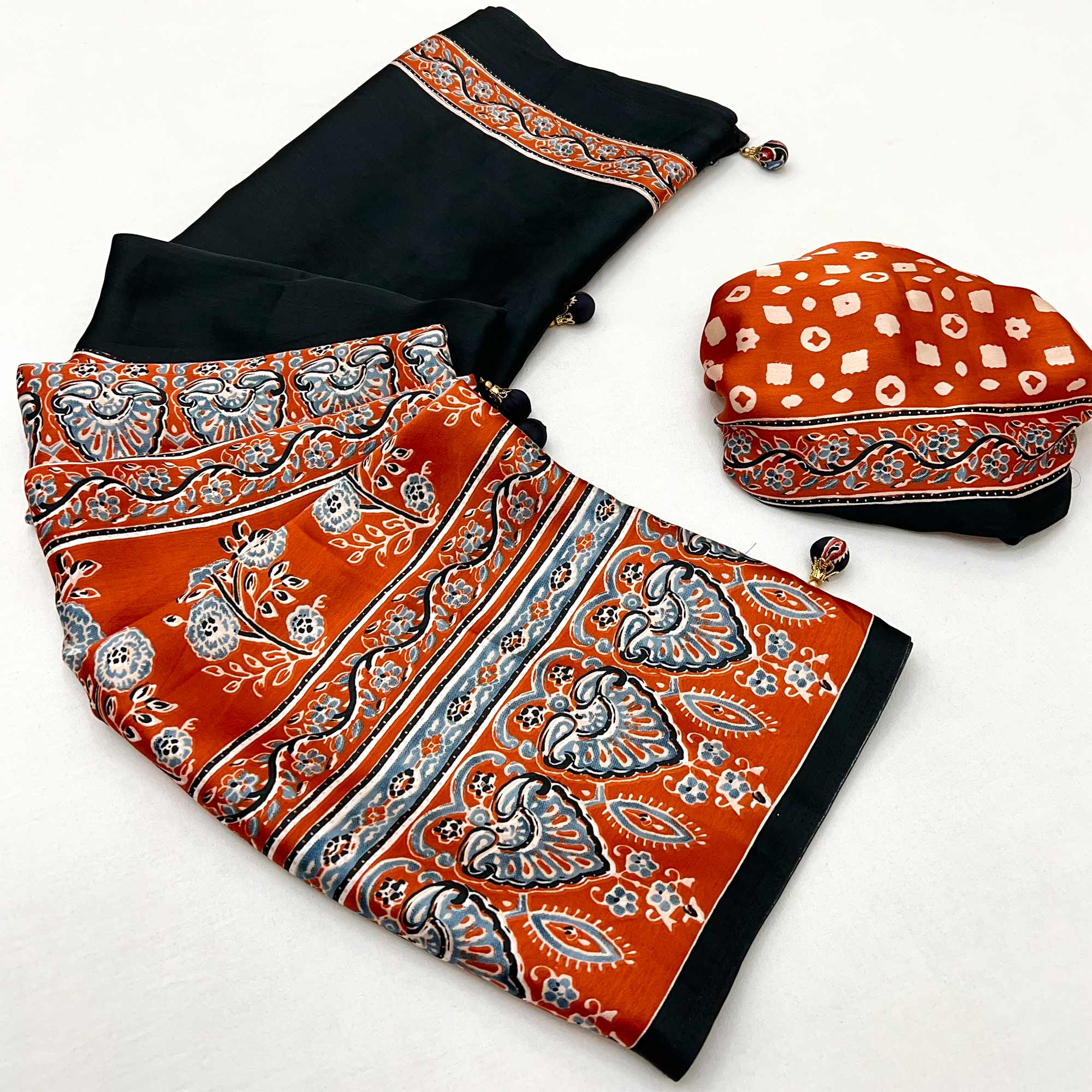 Black & Rust Ajrakh Printed Modal Satin Saree with Elegant Party Wear Appeal