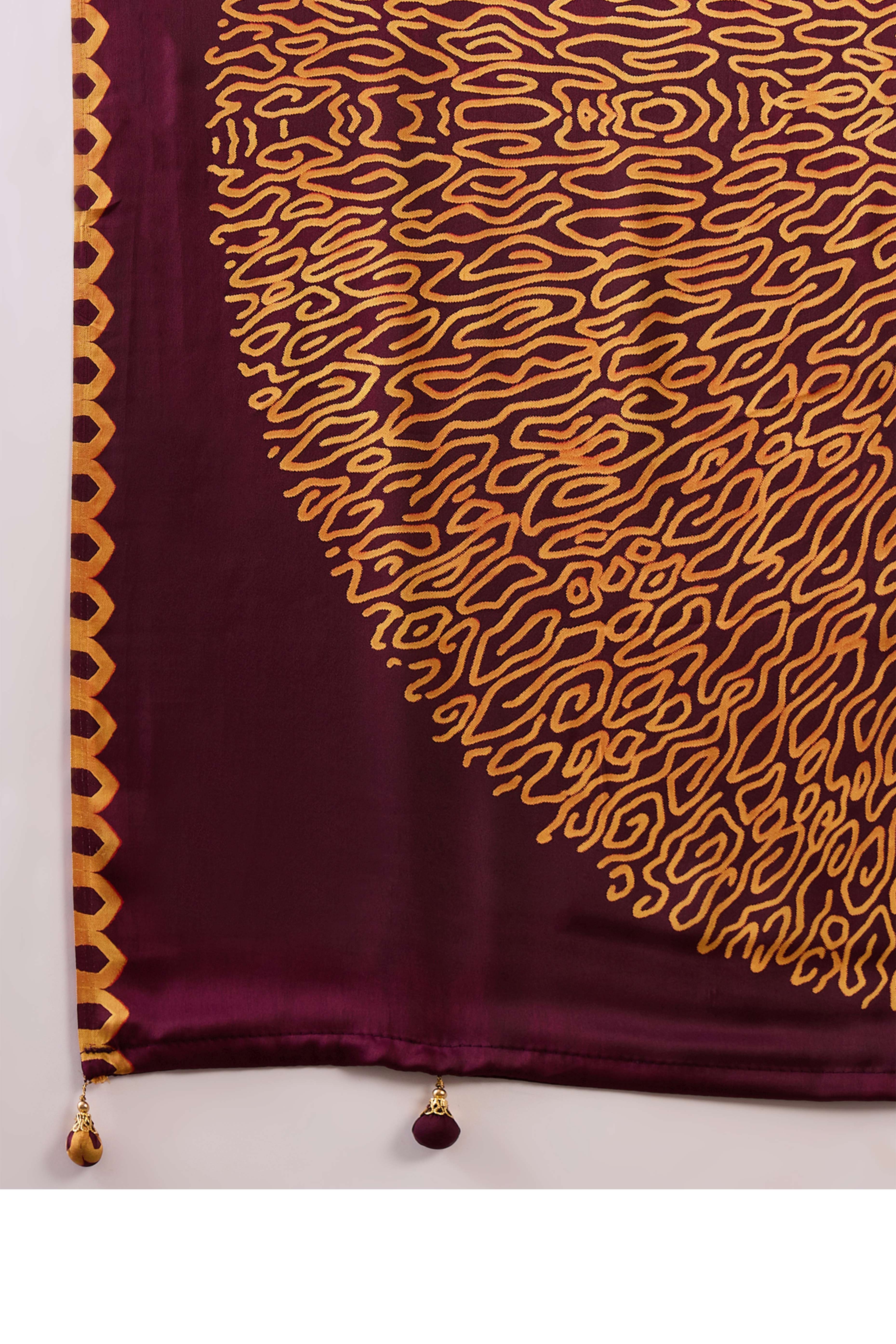 Wine Free Style Printed Modal Satin Party Wear Saree with a Smooth Satin Drape