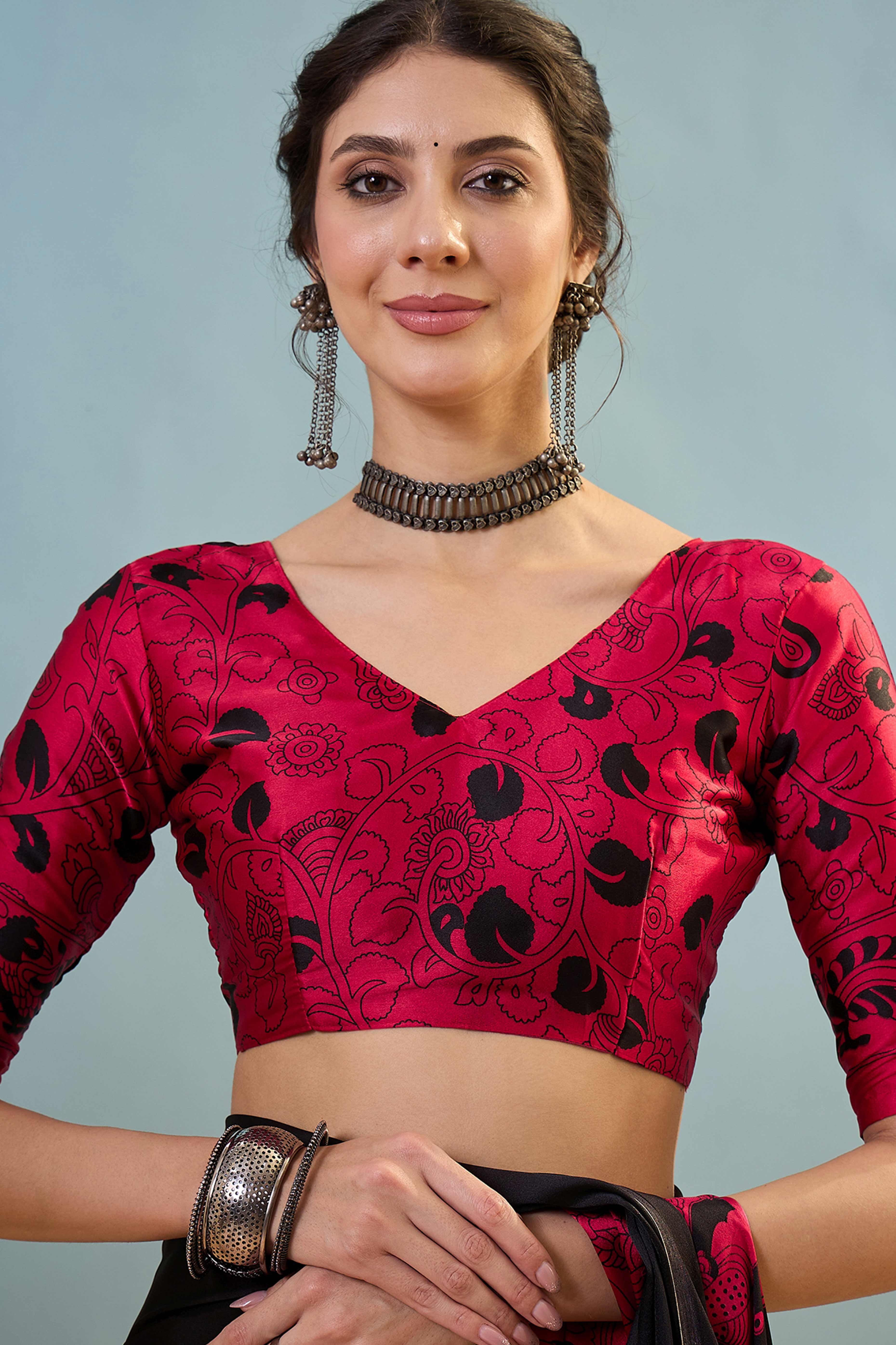 Black & Pink Kalamkari Style Modal Satin Saree Featuring Intricate Artistic Prints