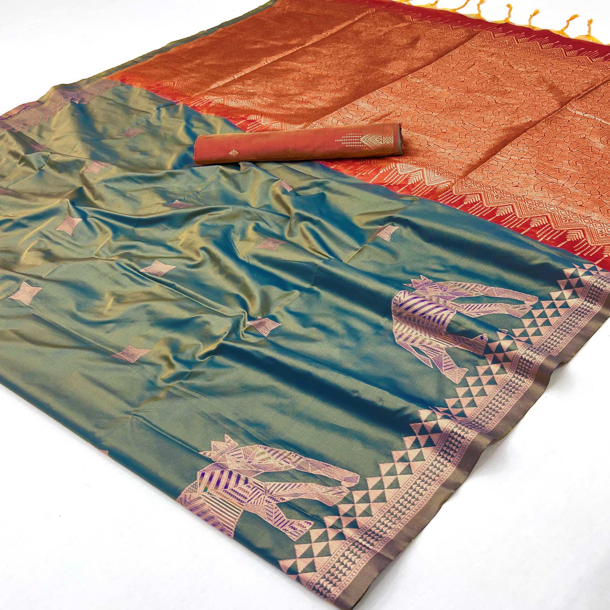 Traditional Teal Blue Pure Silk Saree Featuring Elephant Motif Zari Weaving & Tassel Pallu