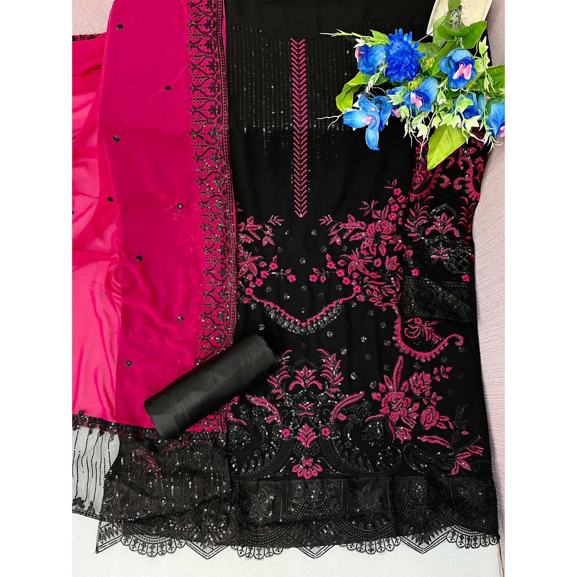 Black & Pink Floral Embroidered Georgette Semi Stitched Pakistani Suit