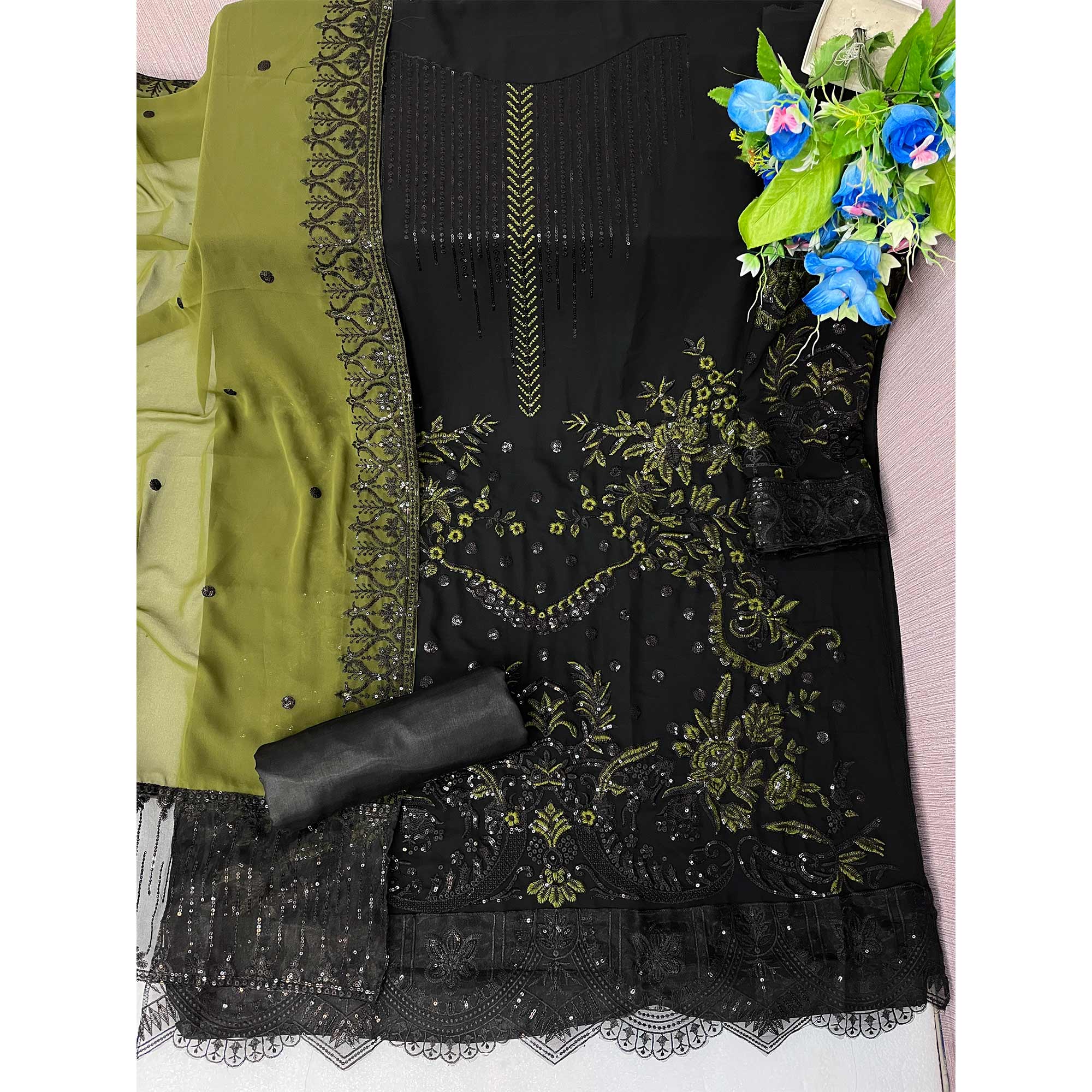 Black & Green Floral Embroidered Georgette Semi Stitched Pakistani Suit