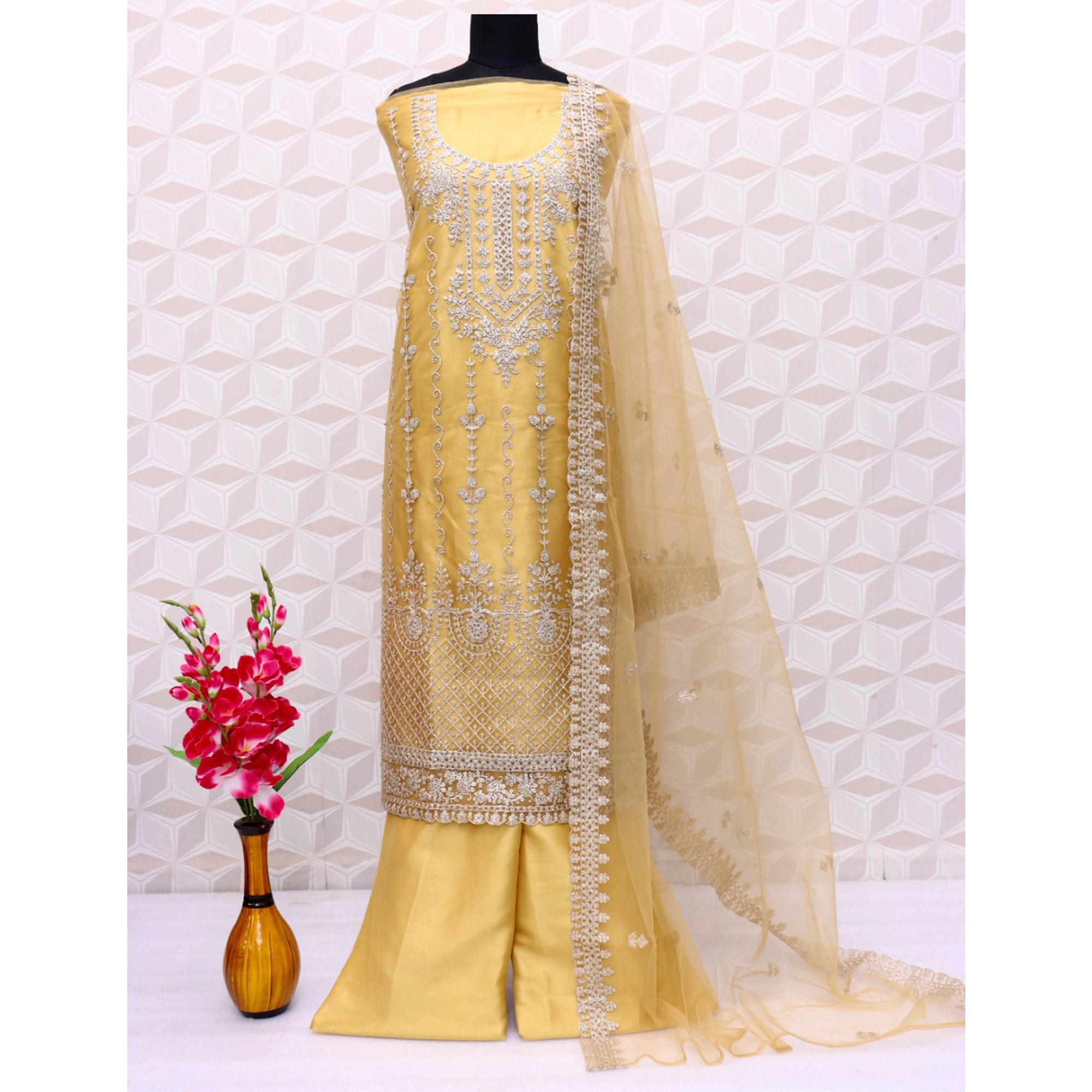 Yellow Sequins Embroidered Net Semi Stitched Pakistani Suit