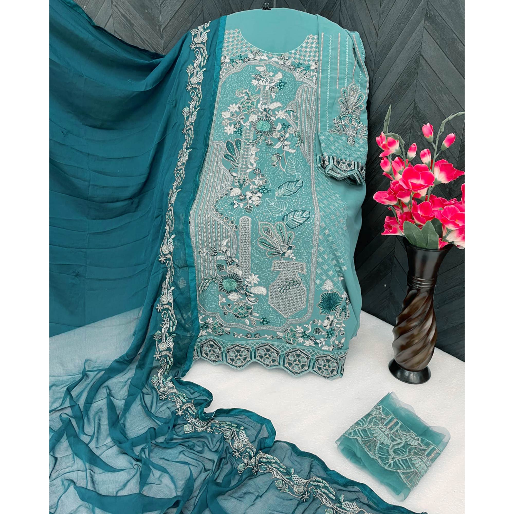 Sky Blue Floral Embroidered Georgette Semi Stitched Pakistani Suit