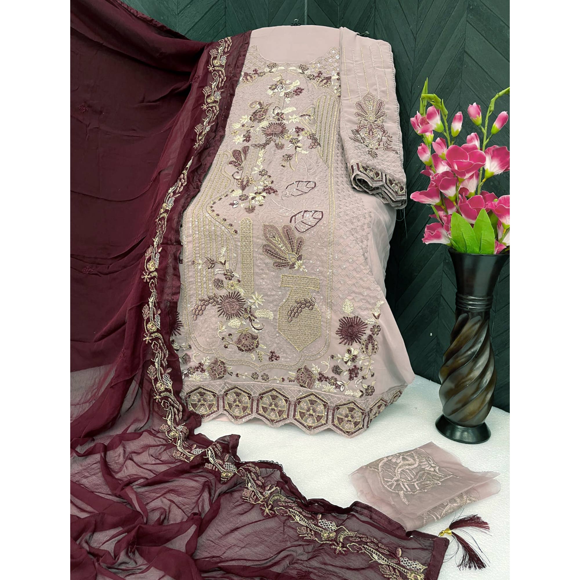 Beige Floral Embroidered Georgette Semi Stitched Pakistani Suit