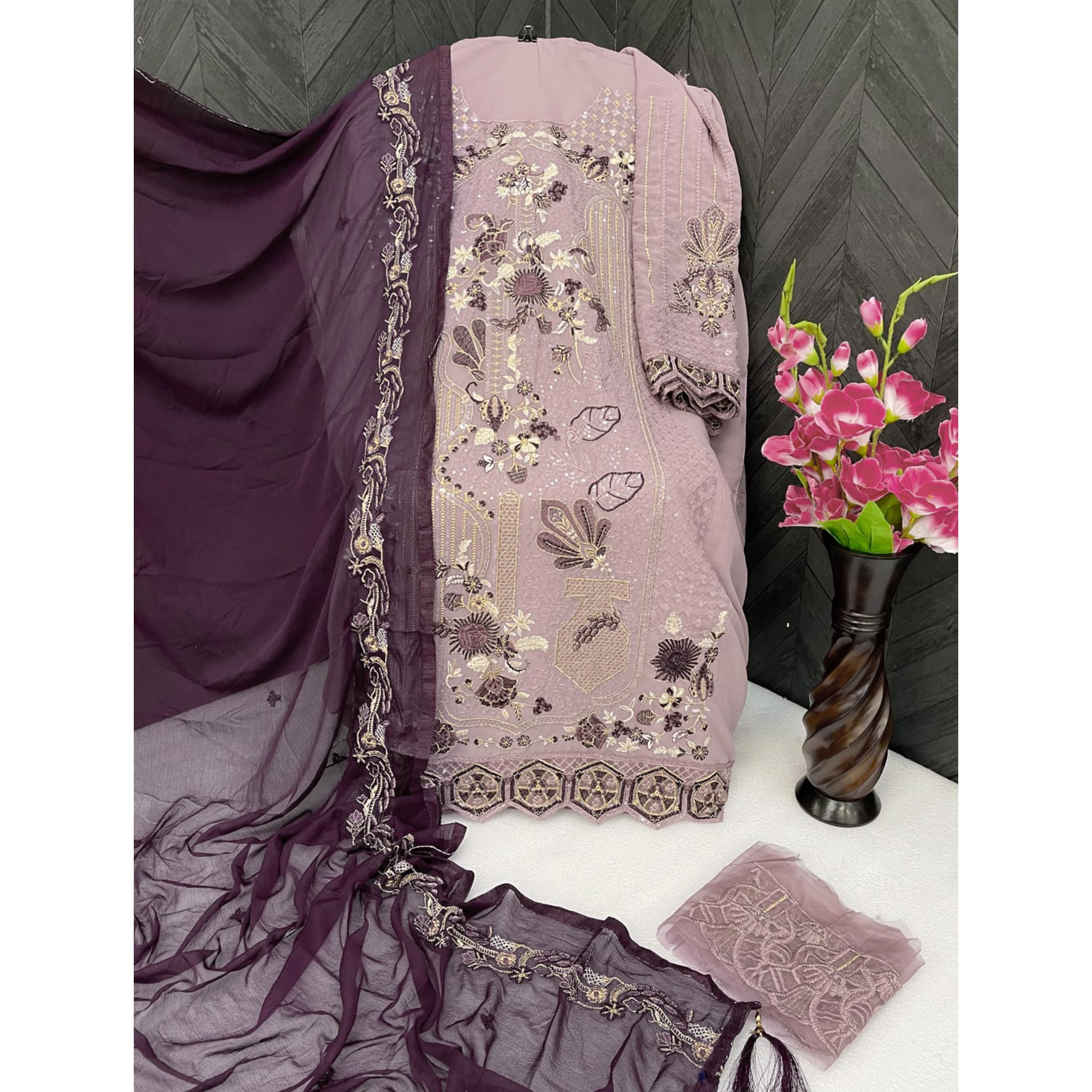 Pink Floral Embroidered Georgette Semi Stitched Pakistani Suit