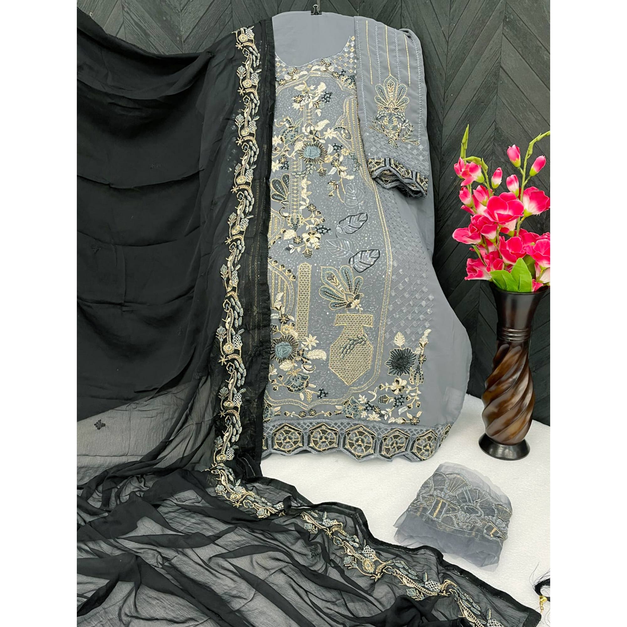 Grey Floral Embroidered Georgette Semi Stitched Pakistani Suit