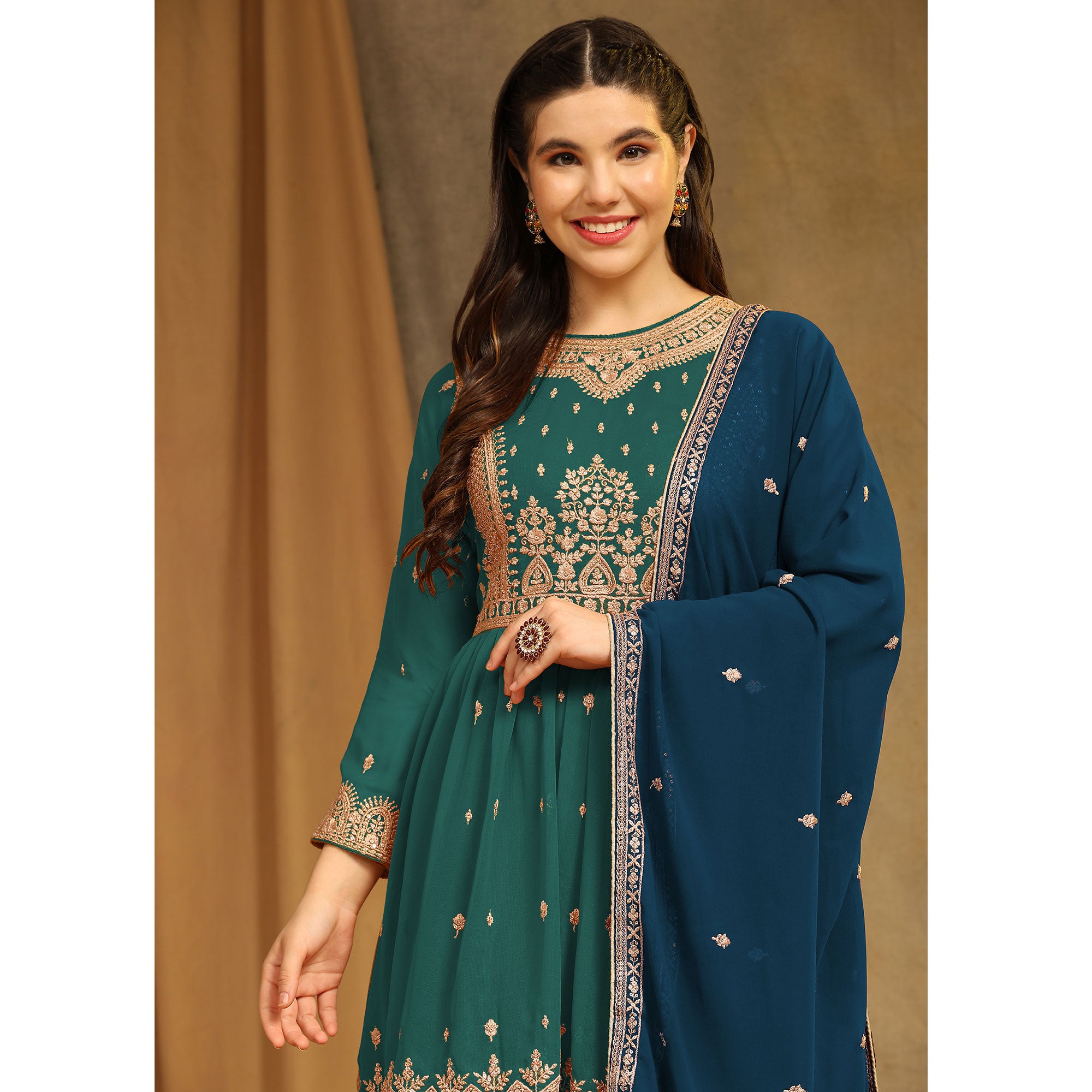 Teal Green Floral Embroidered Georgette Semi Stitched Sharara Suit