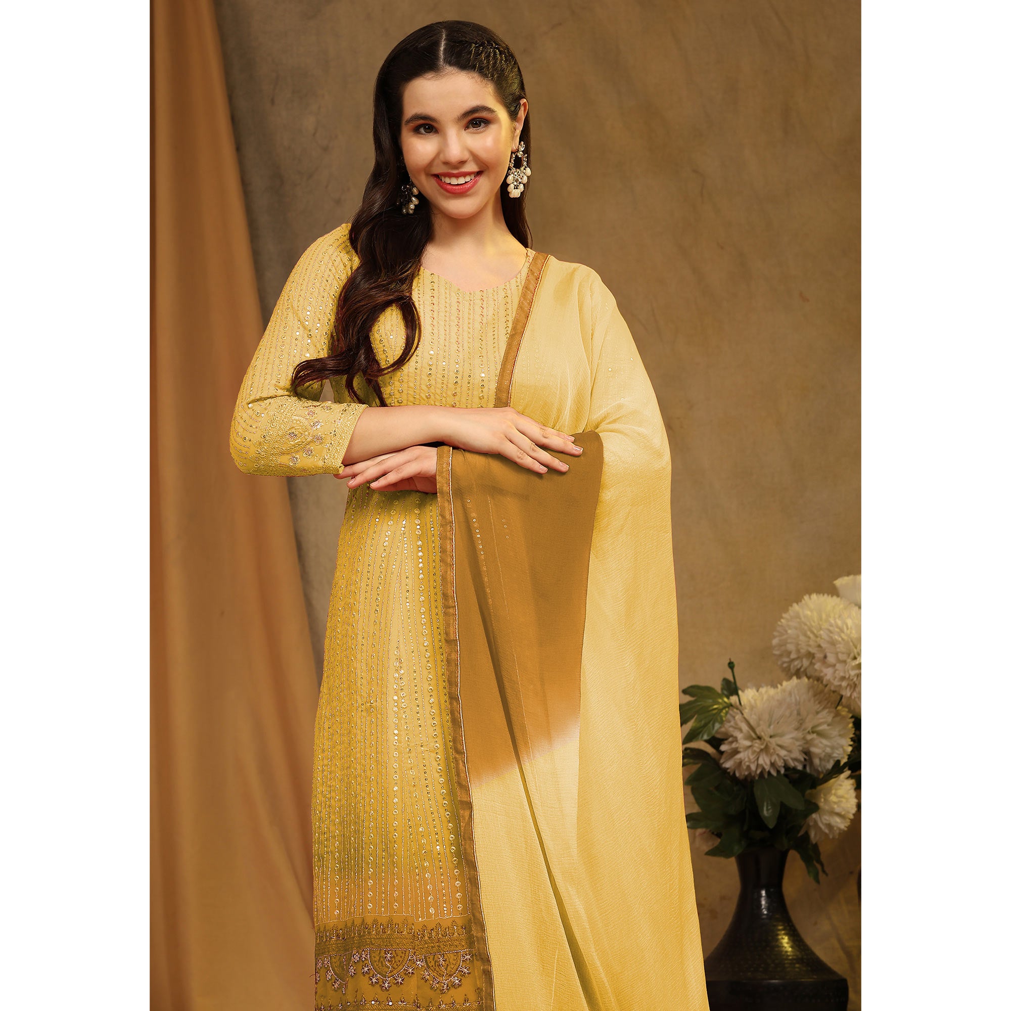 Yellow Sequins Embroidered Georgette Semi Stitched Sharara Suit