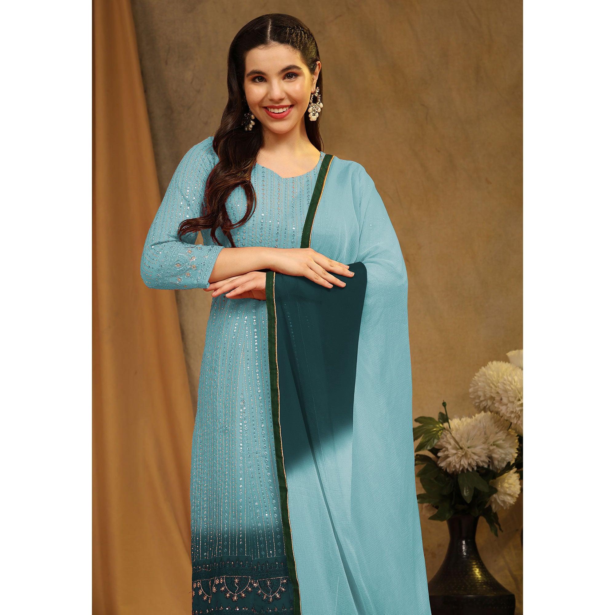 Sky Blue Sequins Embroidered Georgette Semi Stitched Sharara Suit