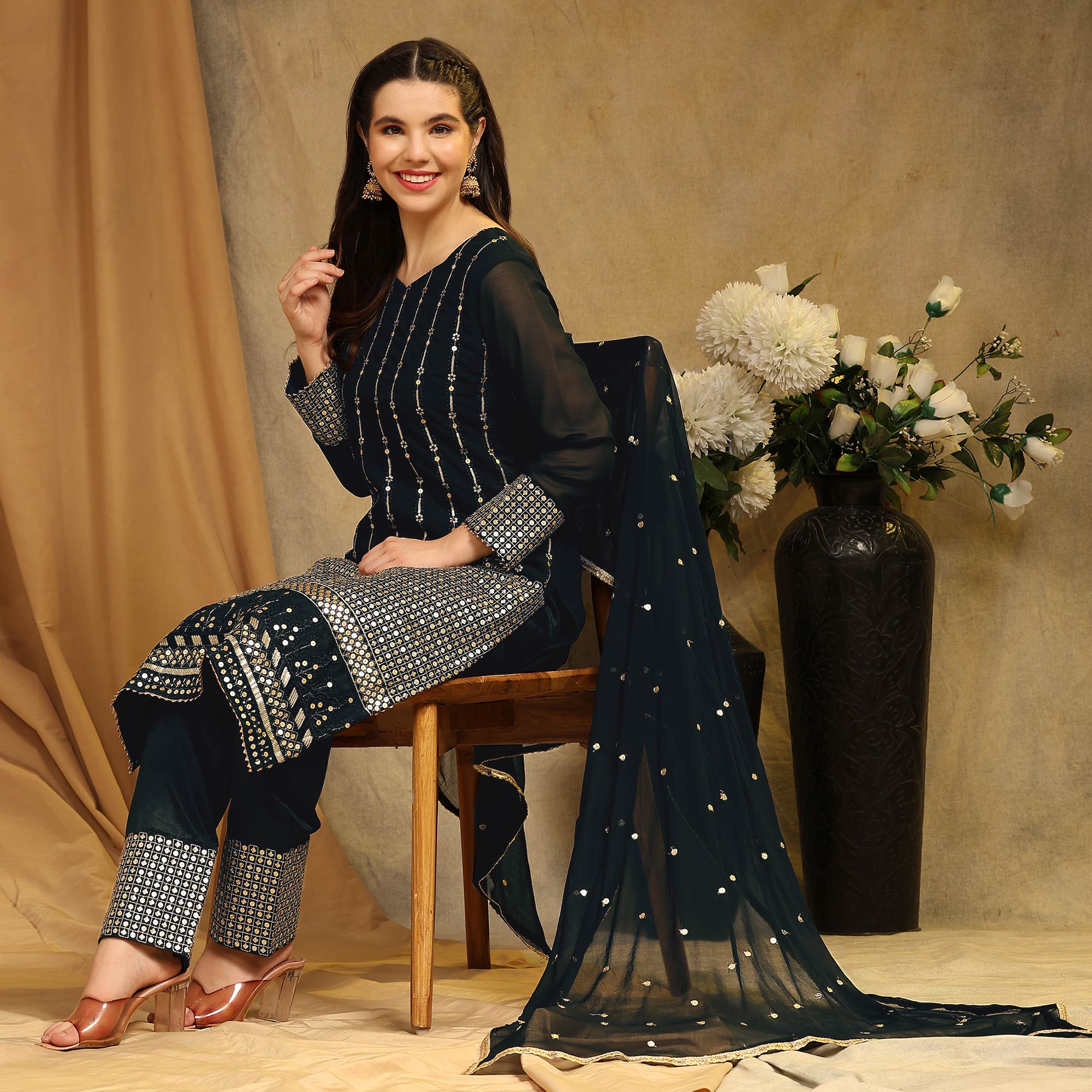 Black Sequins Embroidered Georgette Semi Stitched Salwar Suit