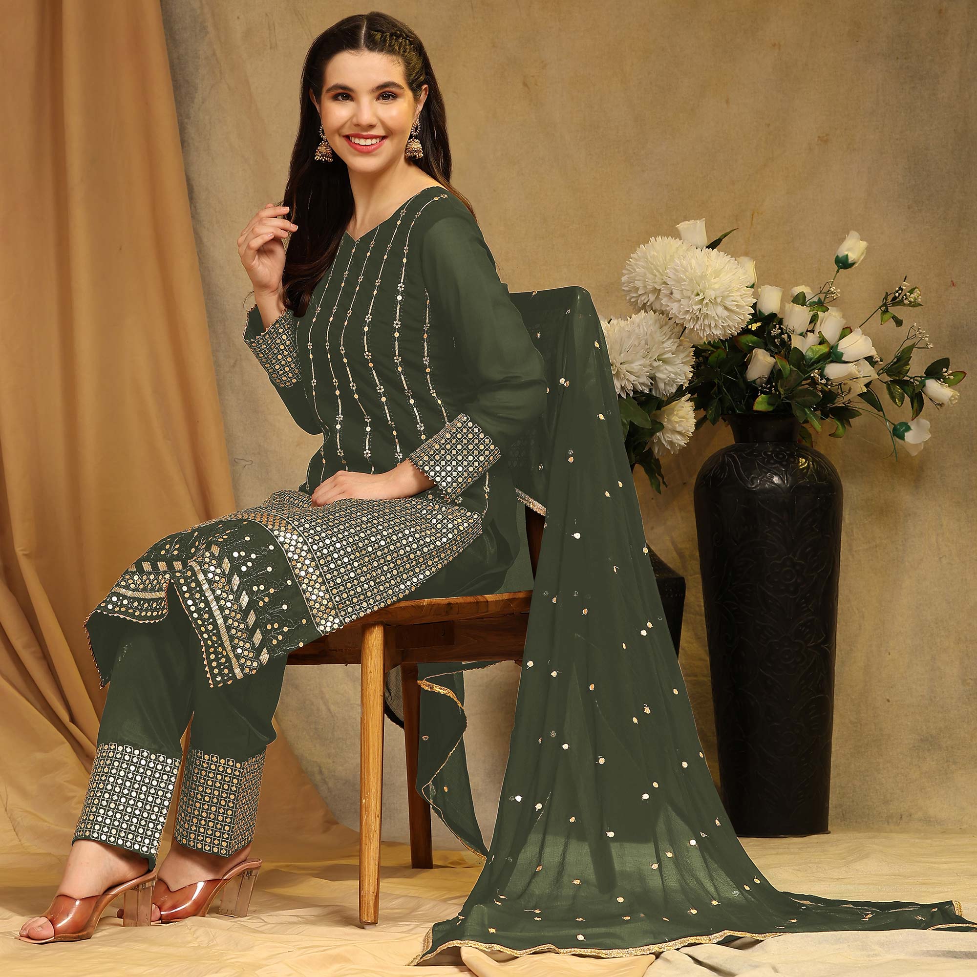 Mehendi Green Sequins Embroidered Georgette Semi Stitched Salwar Suit