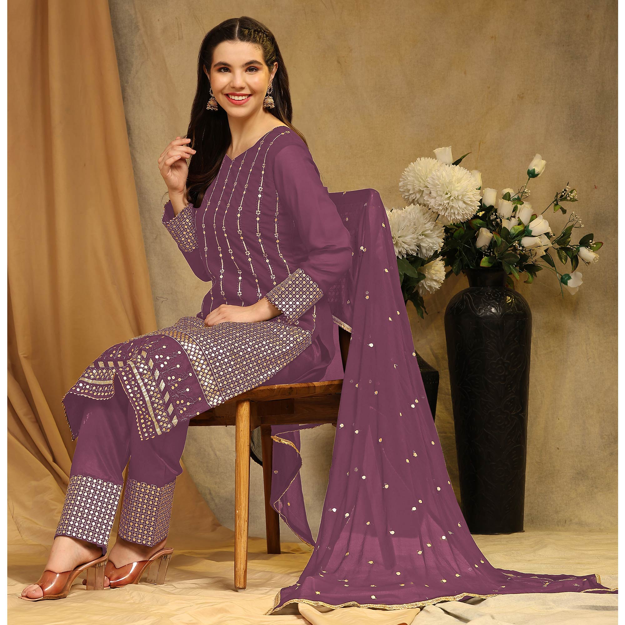 Mauve Sequins Embroidered Georgette Semi Stitched Salwar Suit