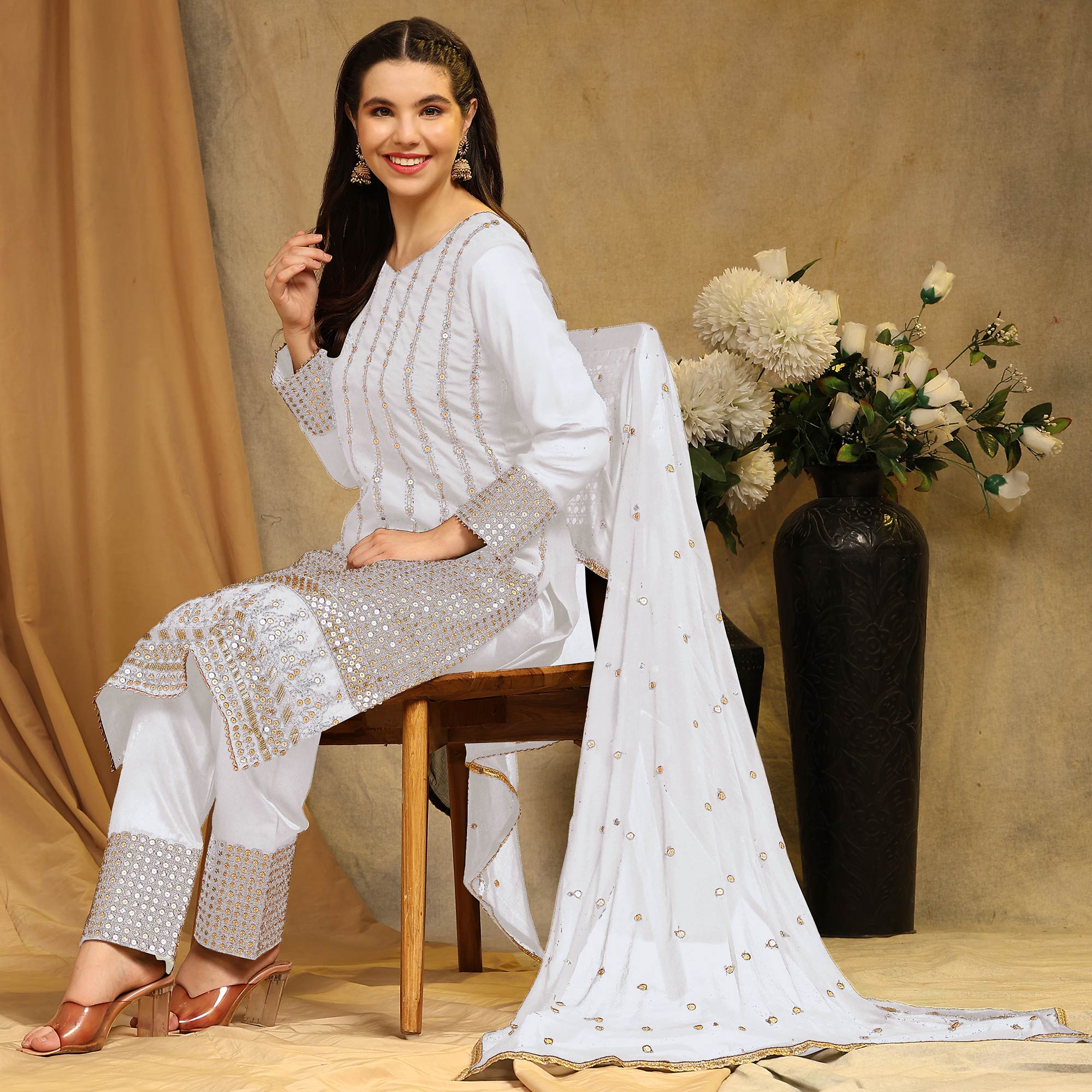 White Sequins Embroidered Georgette Semi Stitched Salwar Suit