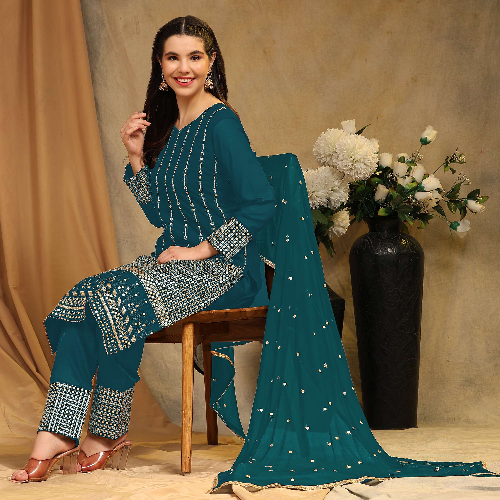 Rama Green Sequins Embroidered Georgette Semi Stitched Salwar Suit