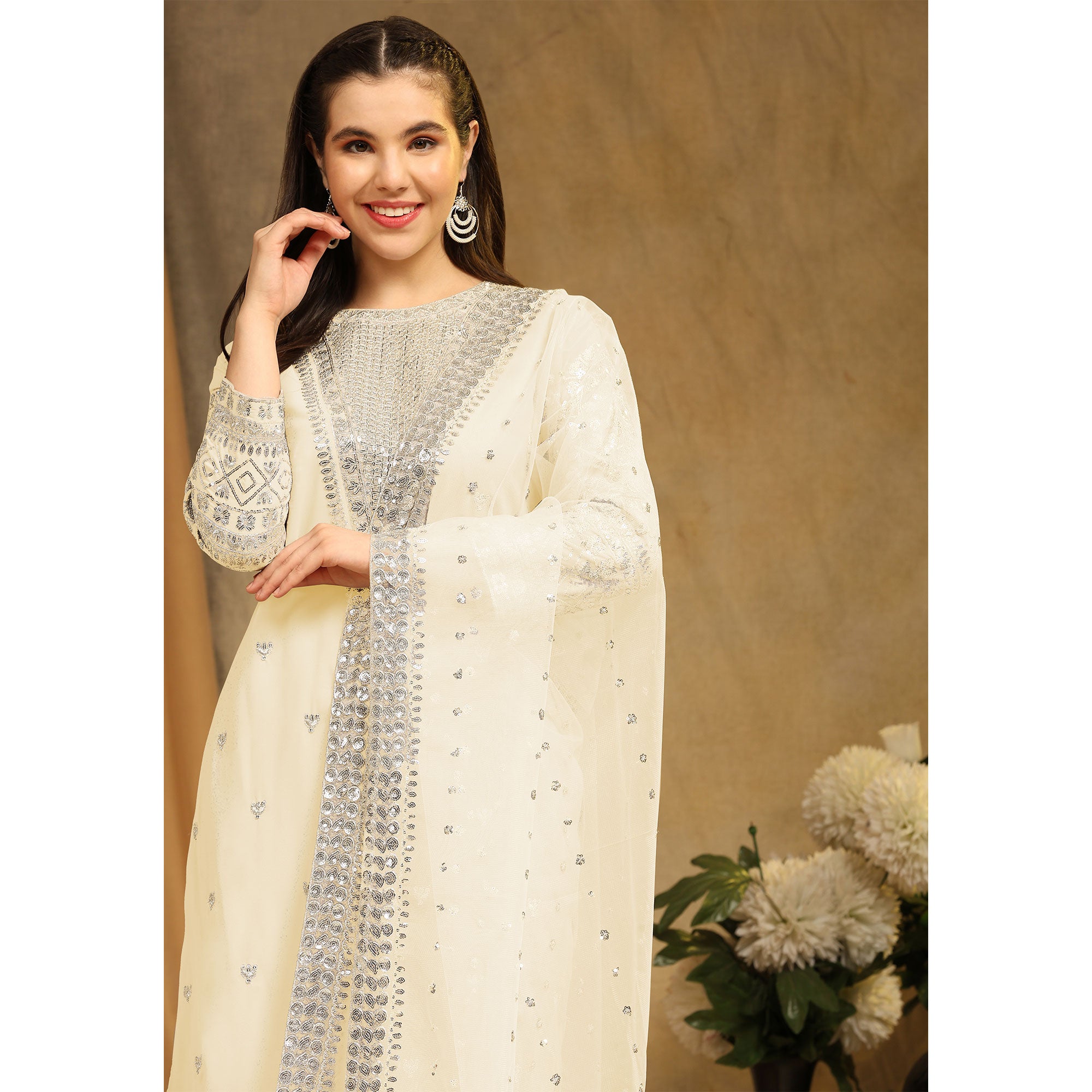 Cream Sequins Embroidered Georgette Semi Stitched Salwar Suit