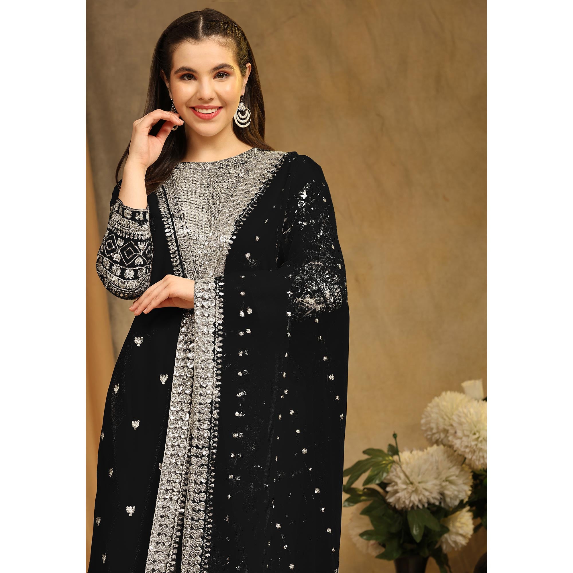 Black Sequins Embroidered Georgette Semi Stitched Salwar Suit