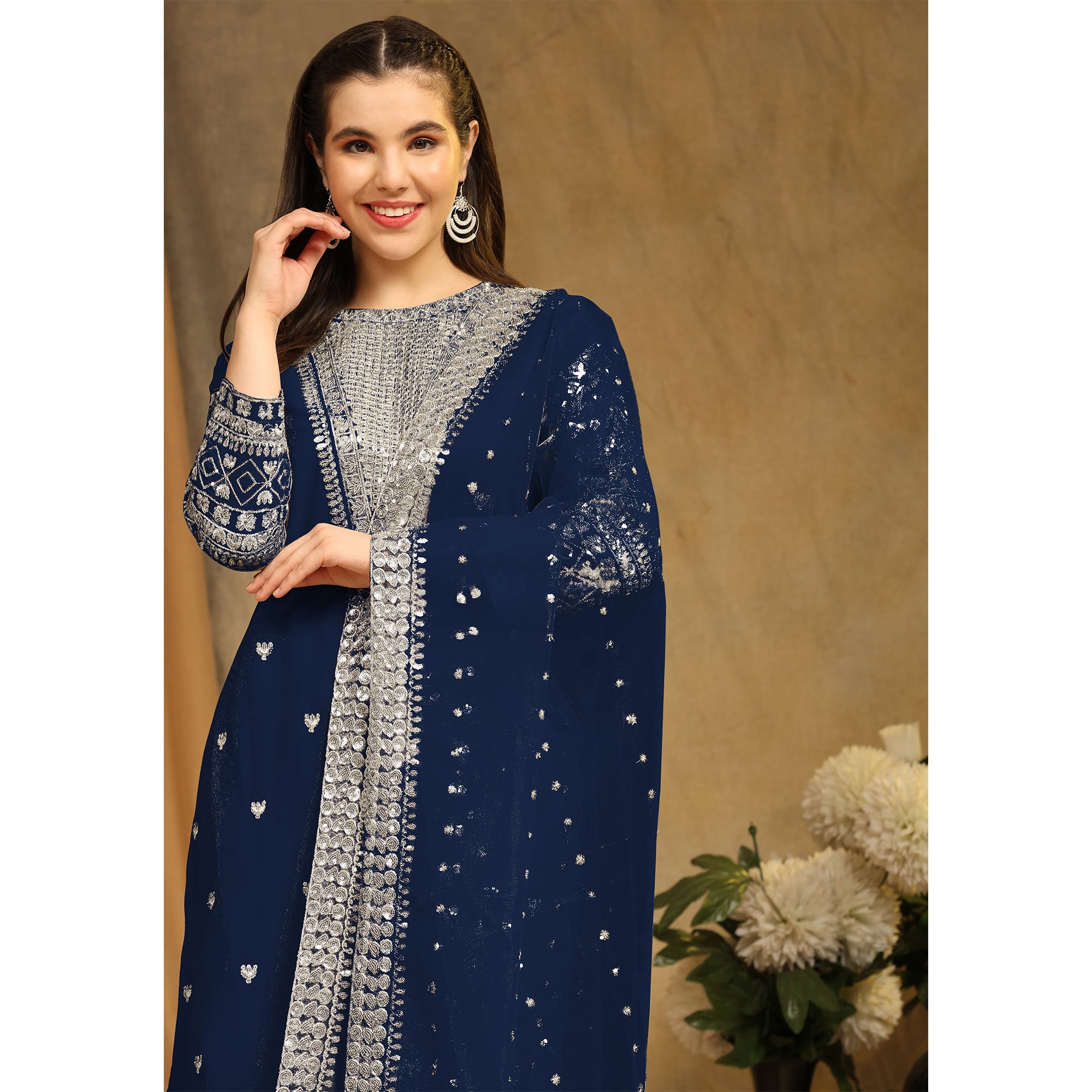 Blue Sequins Embroidered Georgette Semi Stitched Salwar Suit