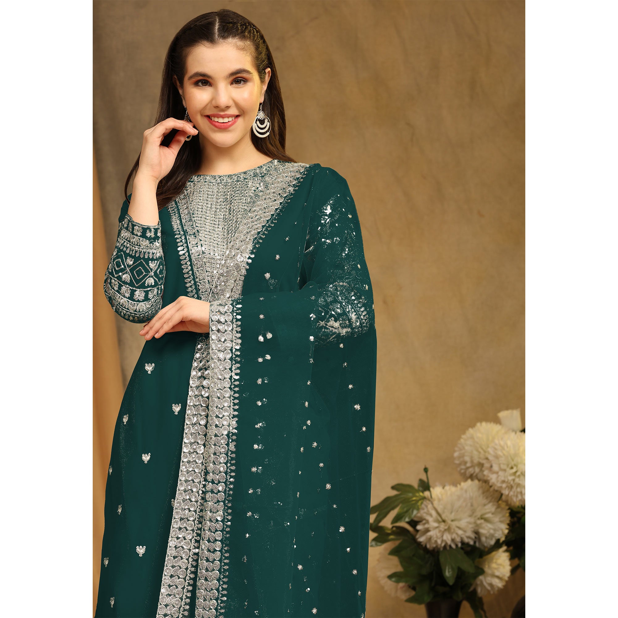 Rama Green Sequins Embroidered Georgette Semi Stitched Salwar Suit