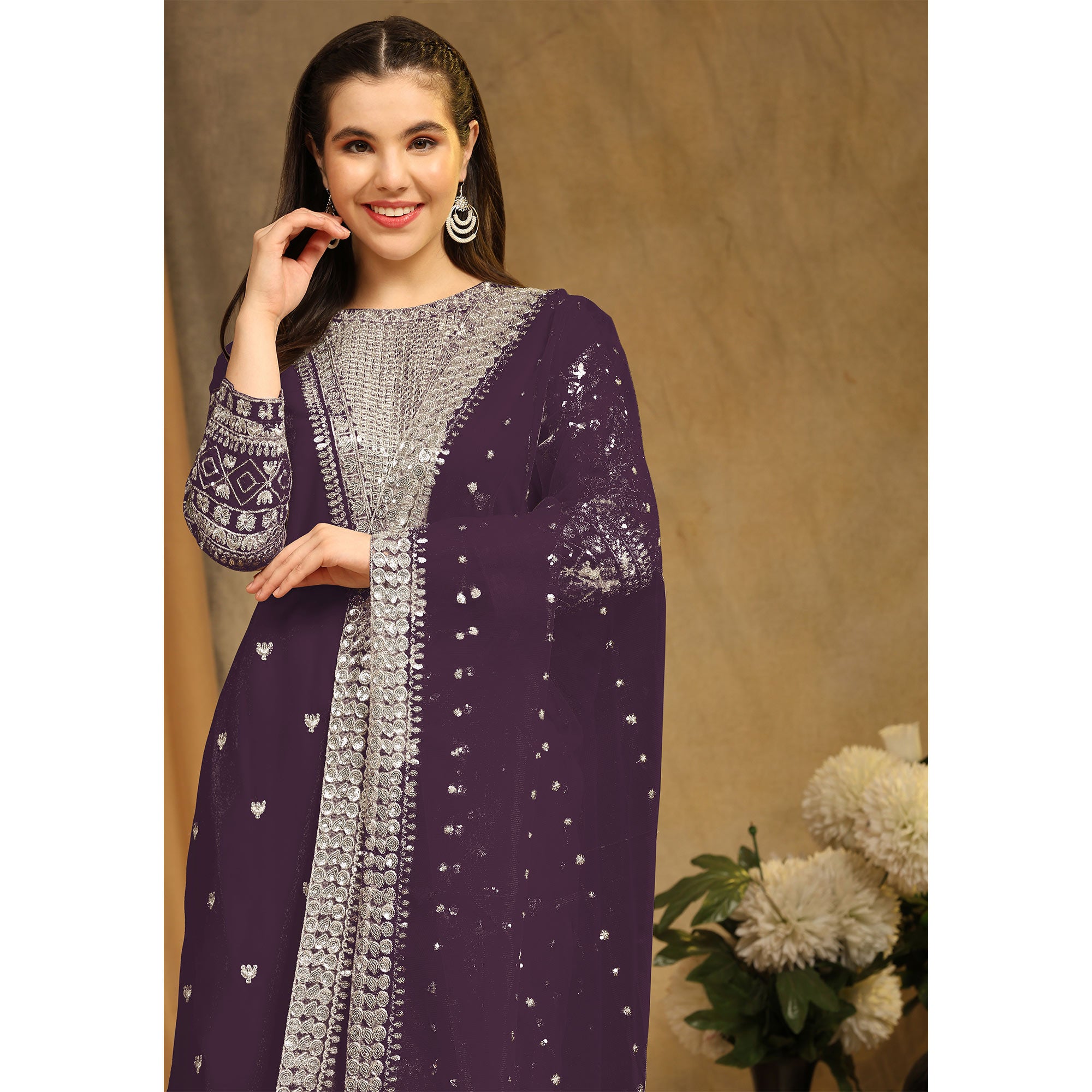 Wine Sequins Embroidered Georgette Semi Stitched Salwar Suit