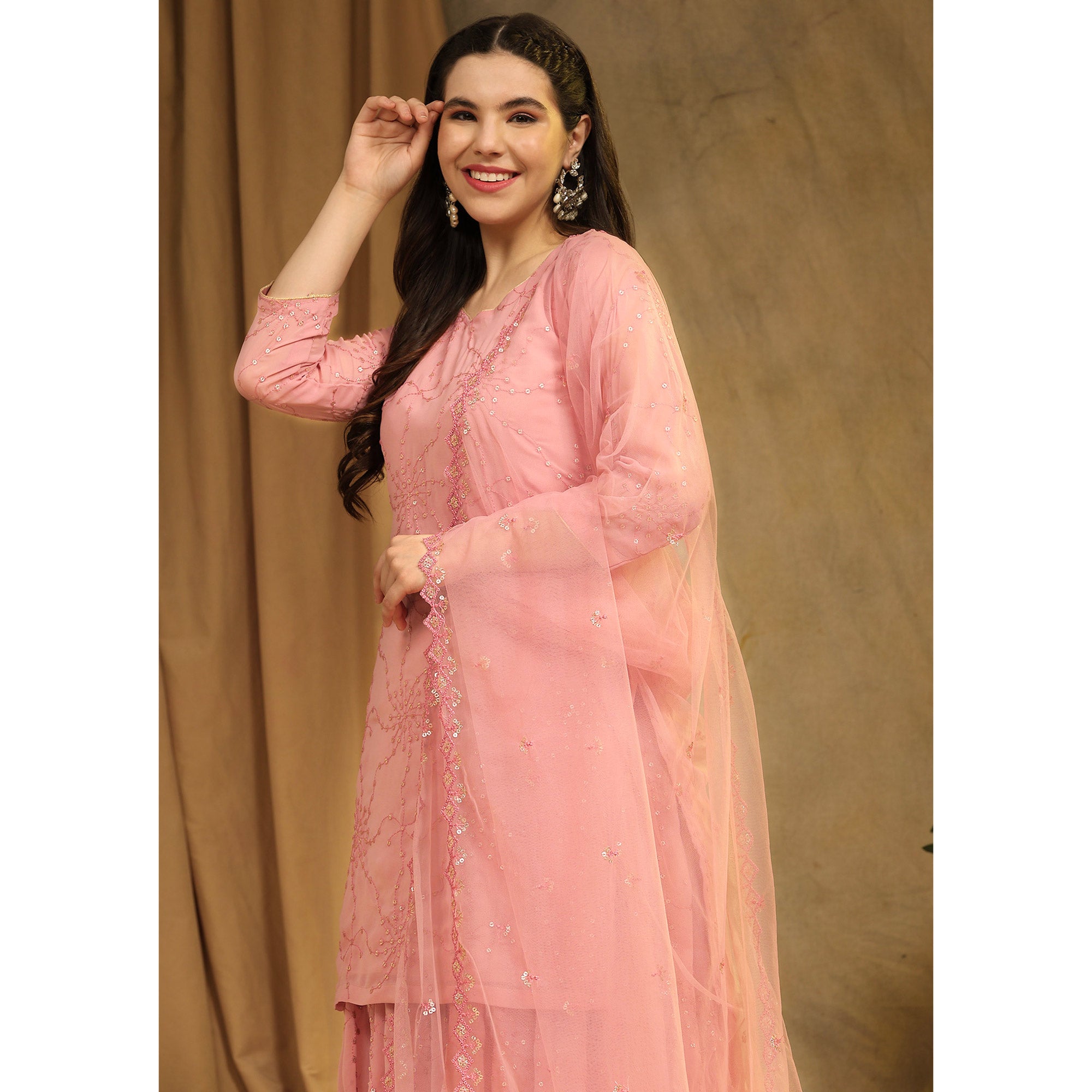 Peach Embroidered Georgette Semi Stitched Sharara Suit