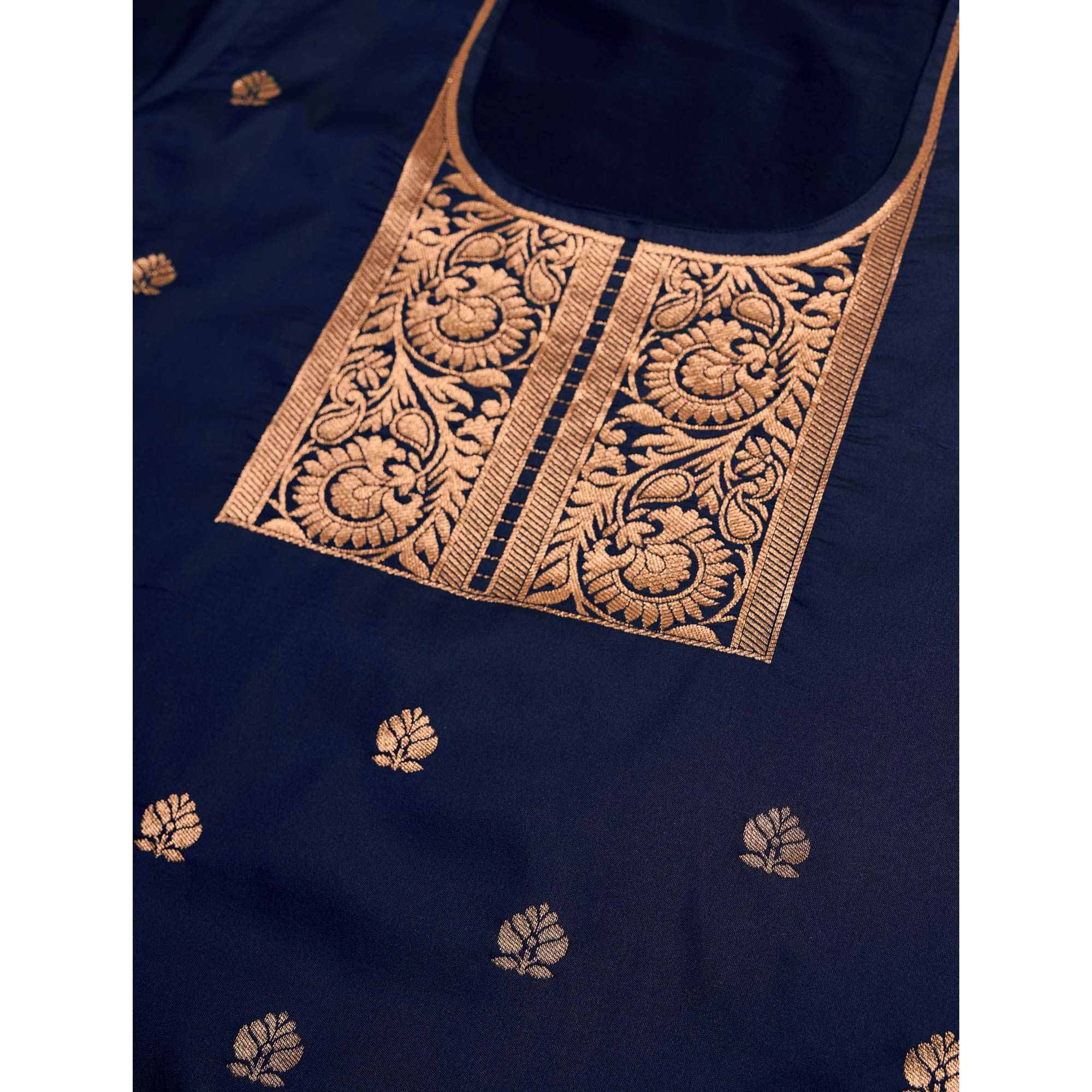 Navy Blue Floral Woven Banarasi Silk Paithani Dress Material