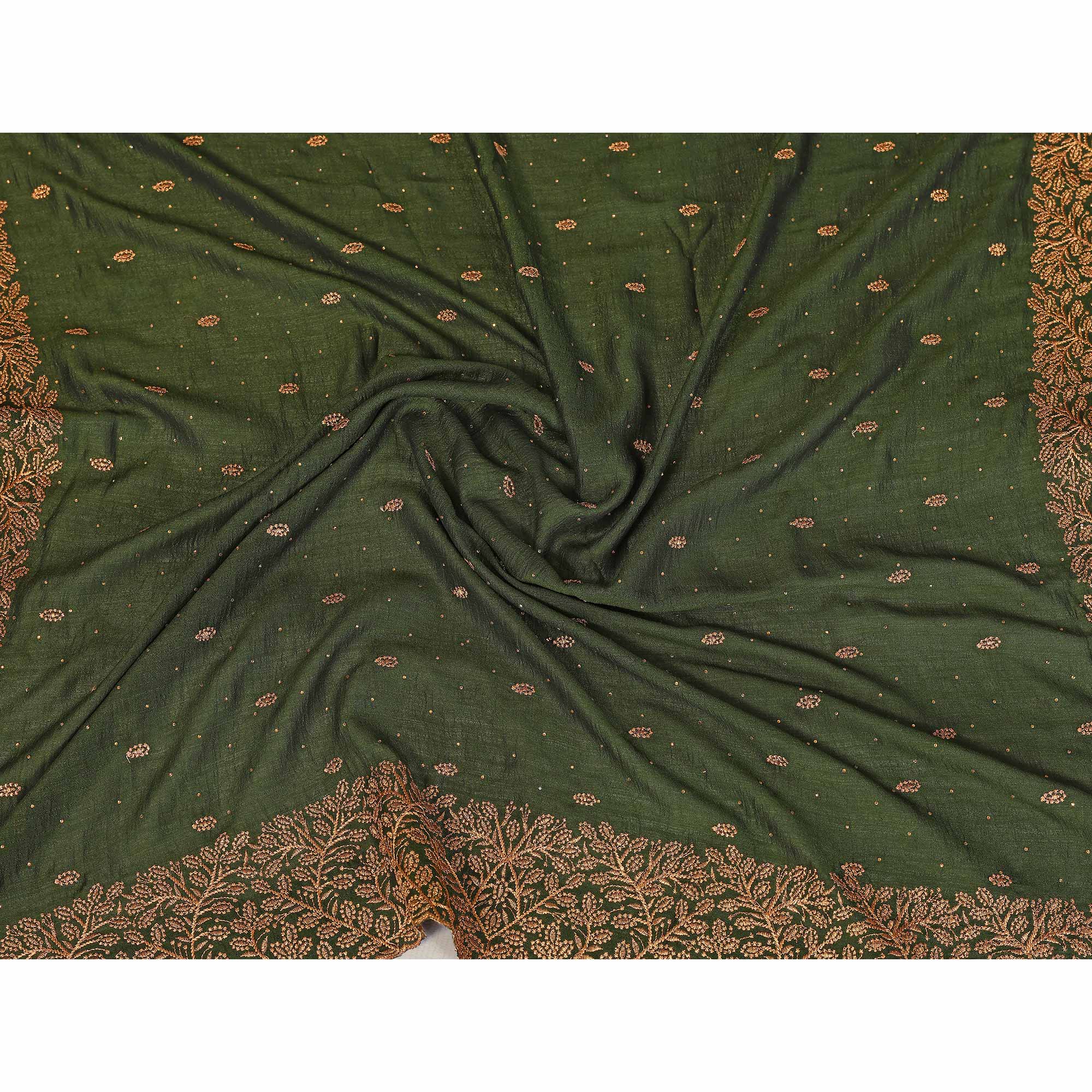 Mehendi Green Vichitra Silk Saree with Zari Embroidery and Stone Work