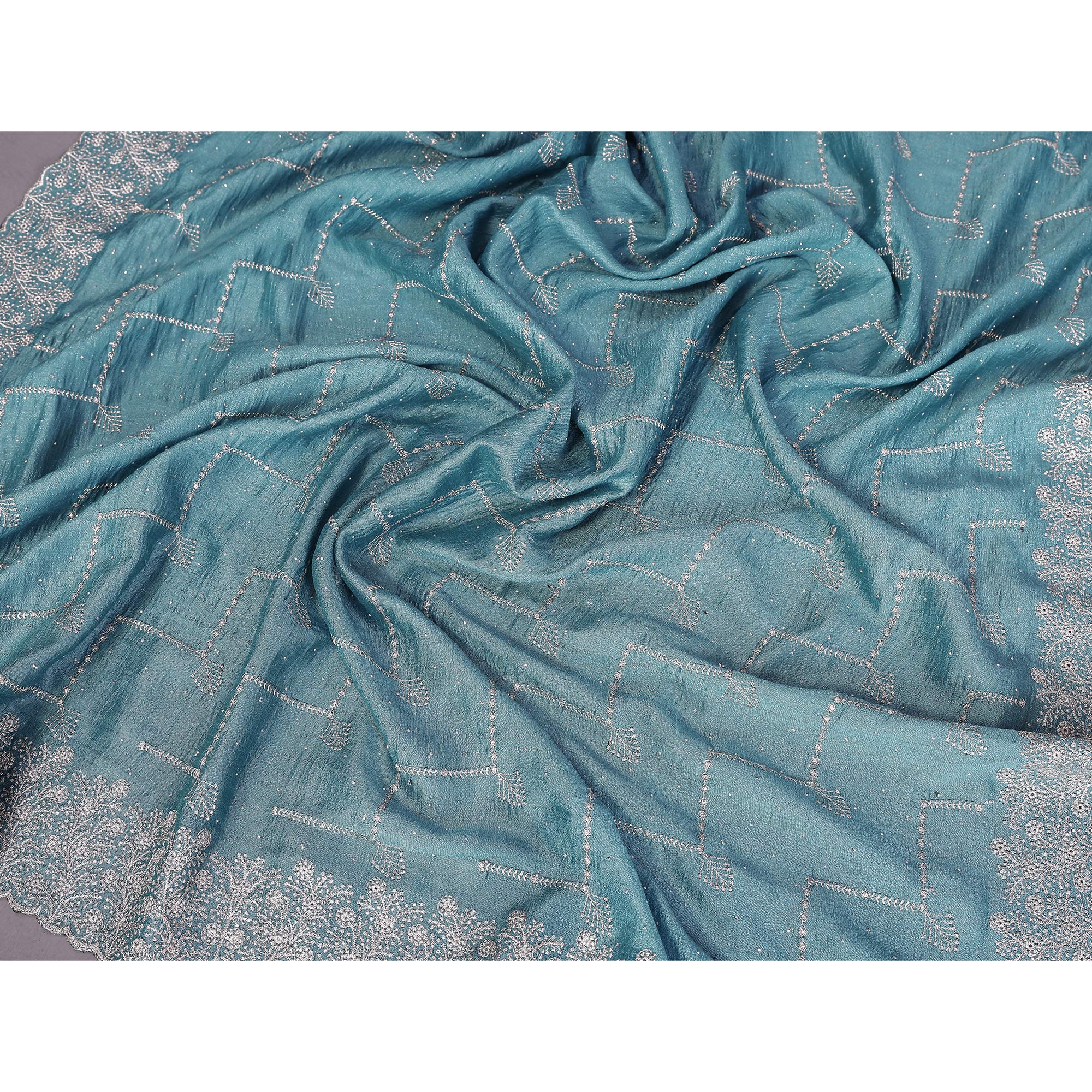 Refreshing Aqua Blue Vichitra Silk Saree with Traditional Zari Embroidery and Stone Embellishments