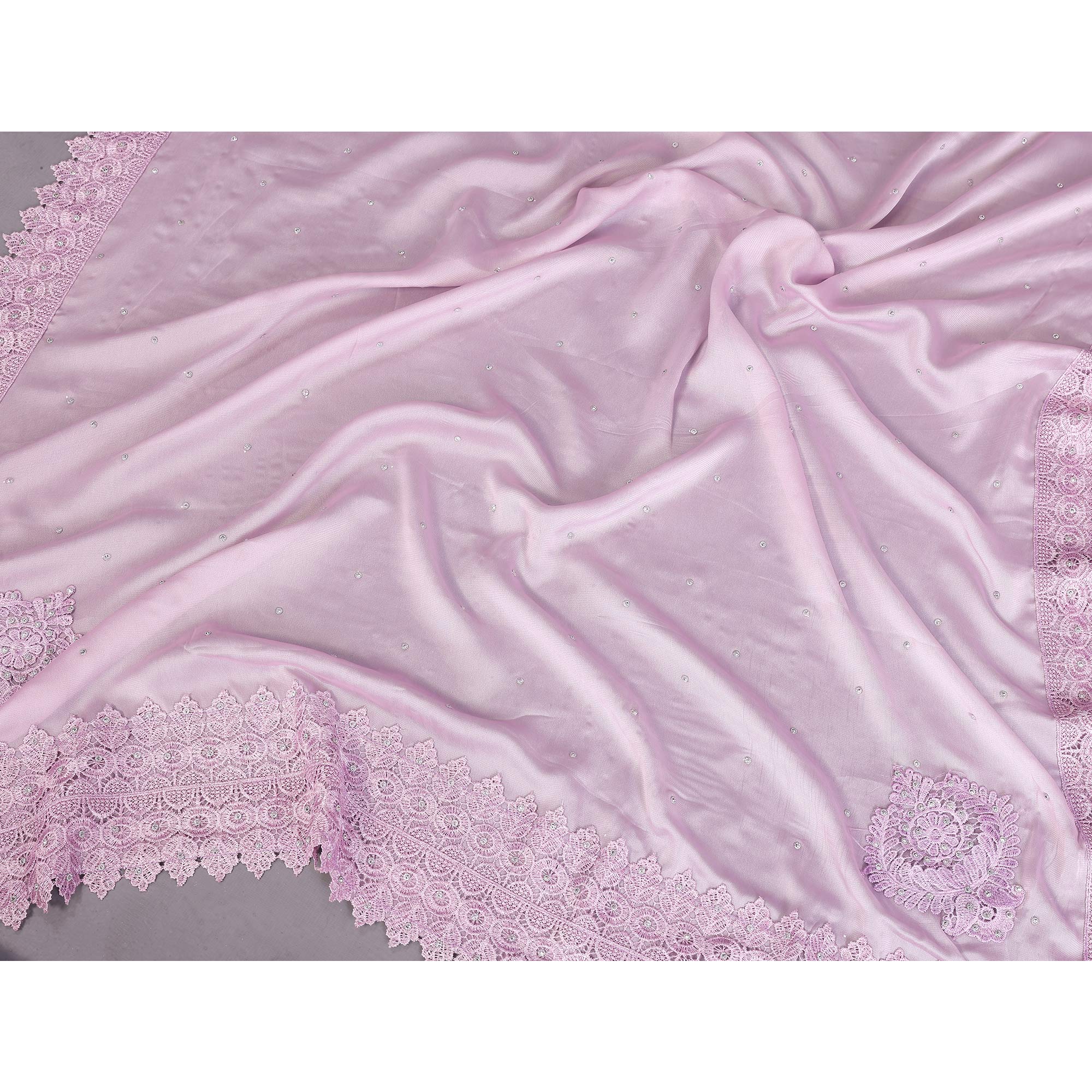 Lilac Purple Silk Blend Saree Adorned with Chemical Lace Edging and Dazzling Stone Accents