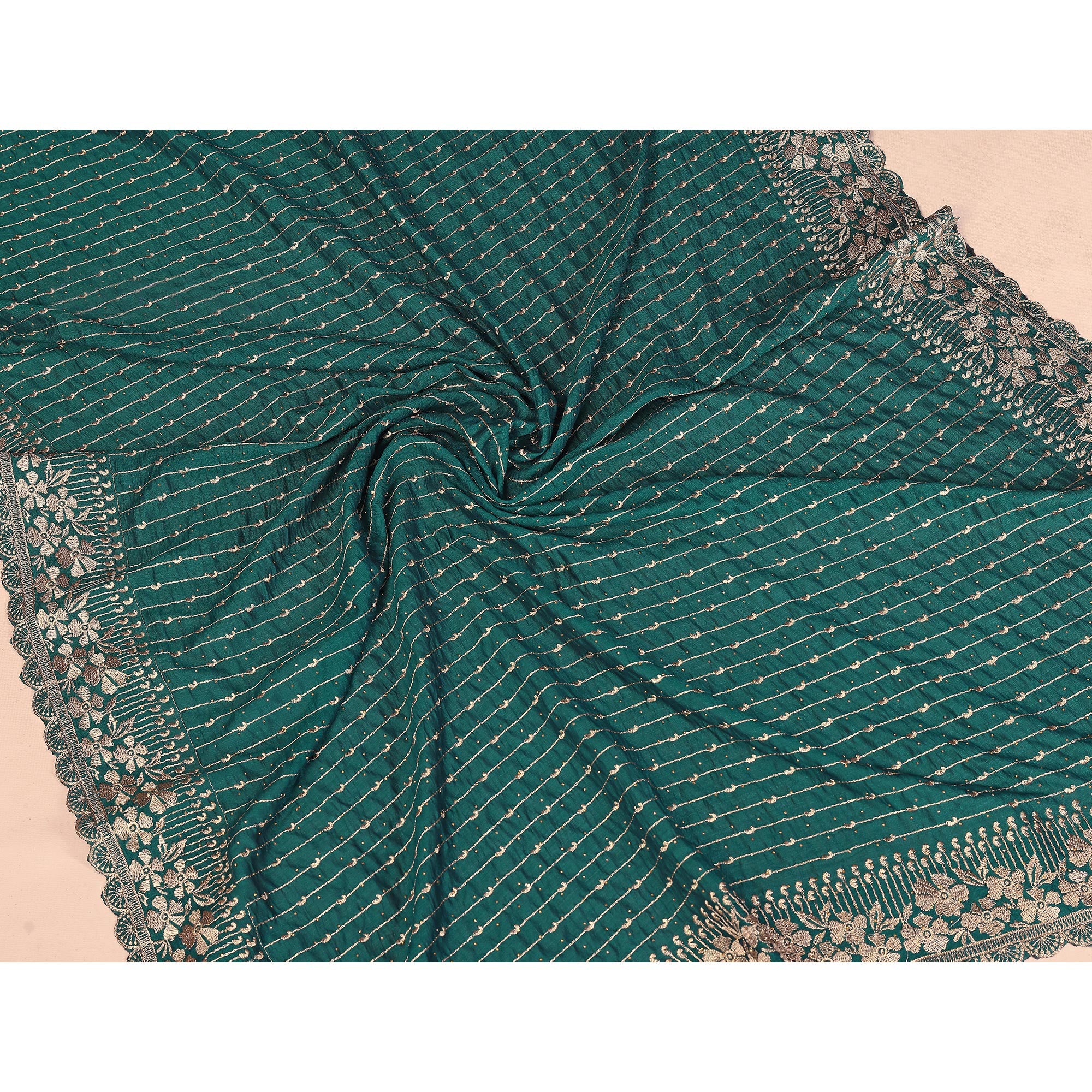 Morpich Green Vichitra Silk Saree with Heavy Embroidery and Sparkling Swarovski Work