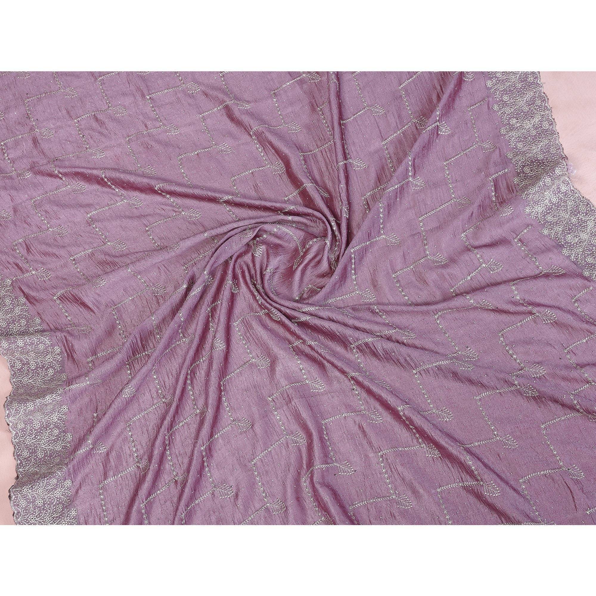 Lavender Vichitra Silk Saree with Traditional Zari Embroidery and Elegant Stone Work