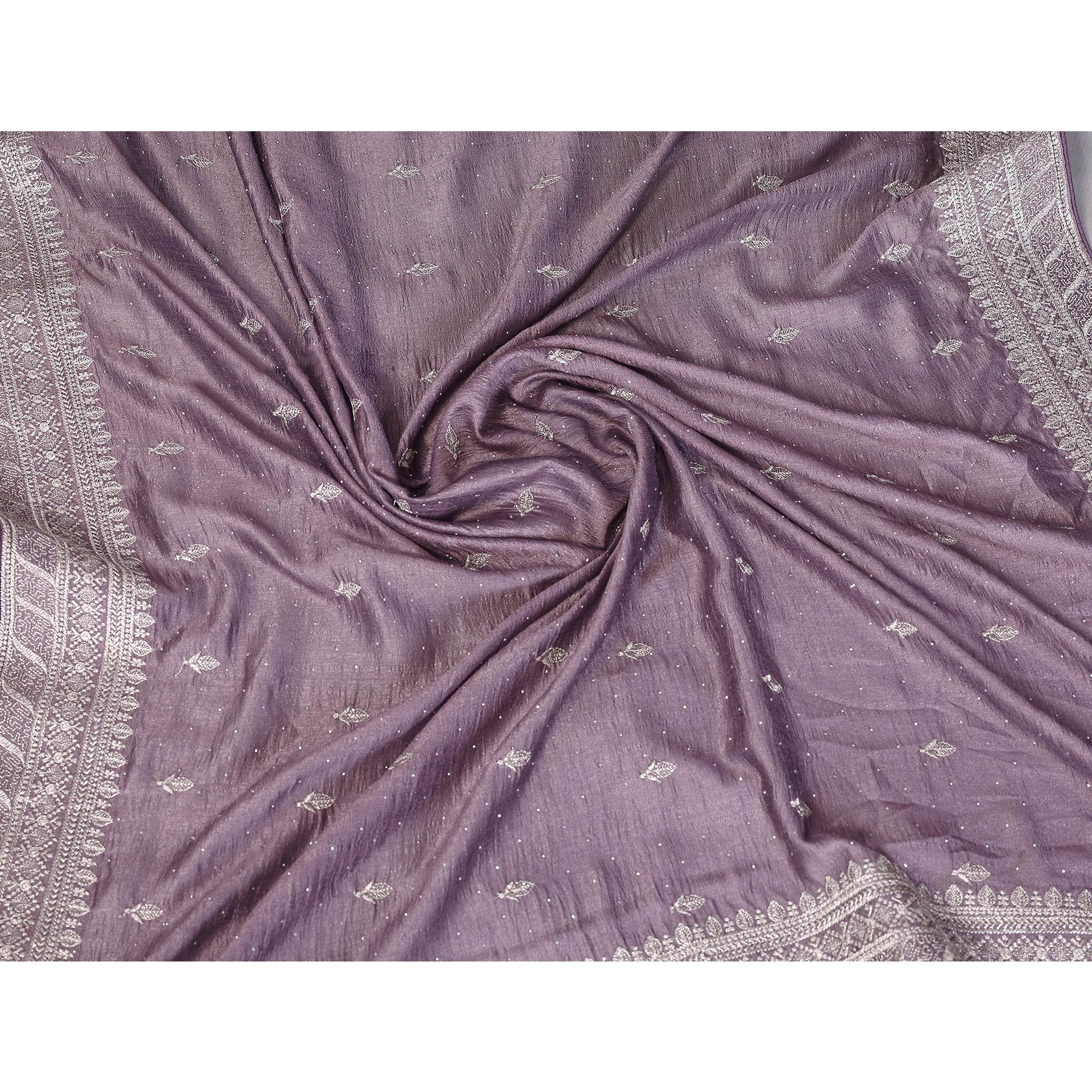Lavender Vichitra Silk Saree with Traditional Zari Embroidery and Elegant Stone Work