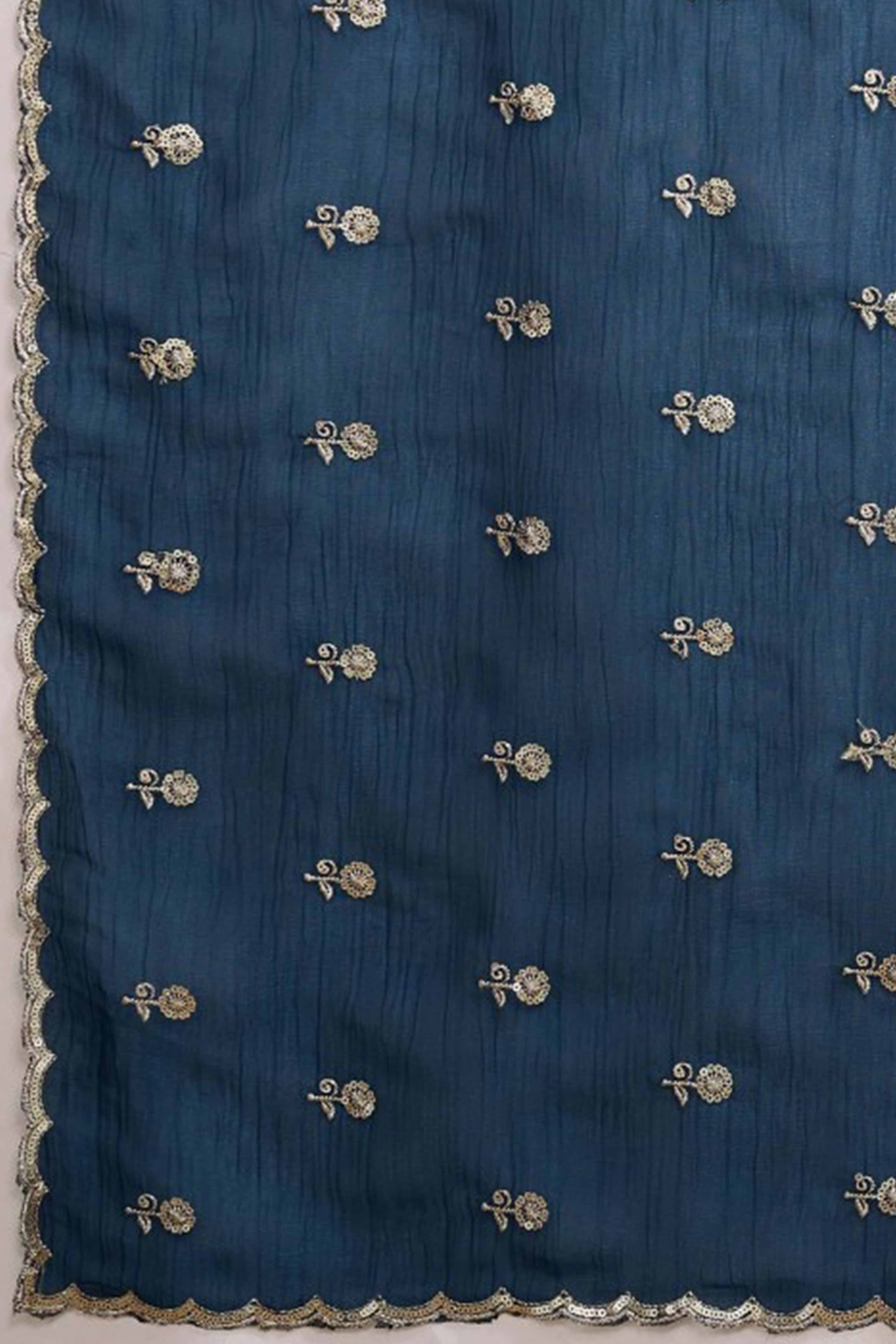 Blue Crunchy Saree Adorned With Floral Sequins Embroidery & Graceful Border Finish