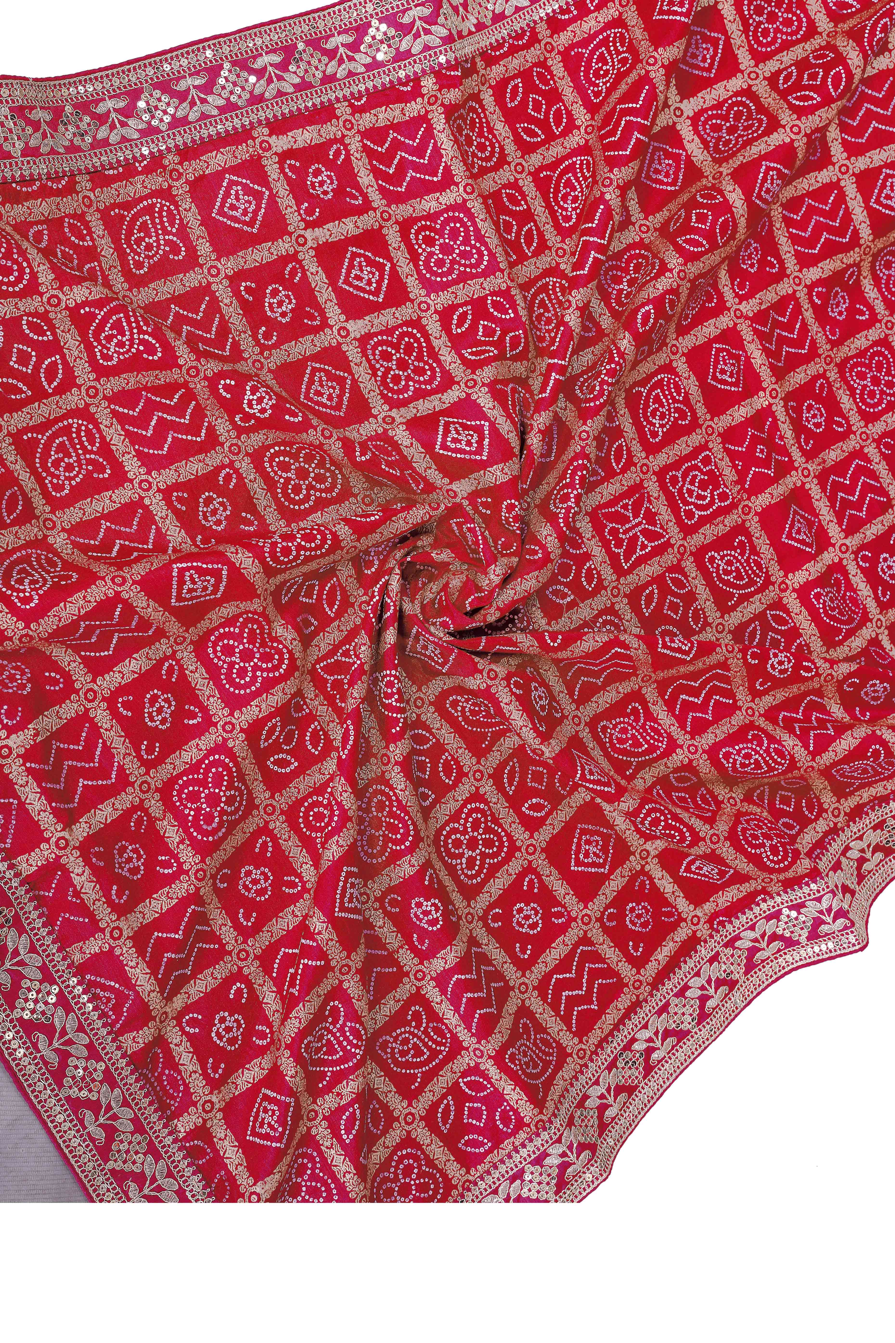 Pink Vichitra Silk Saree Highlighted with Bandhani Print and Sequins Embroidered Border