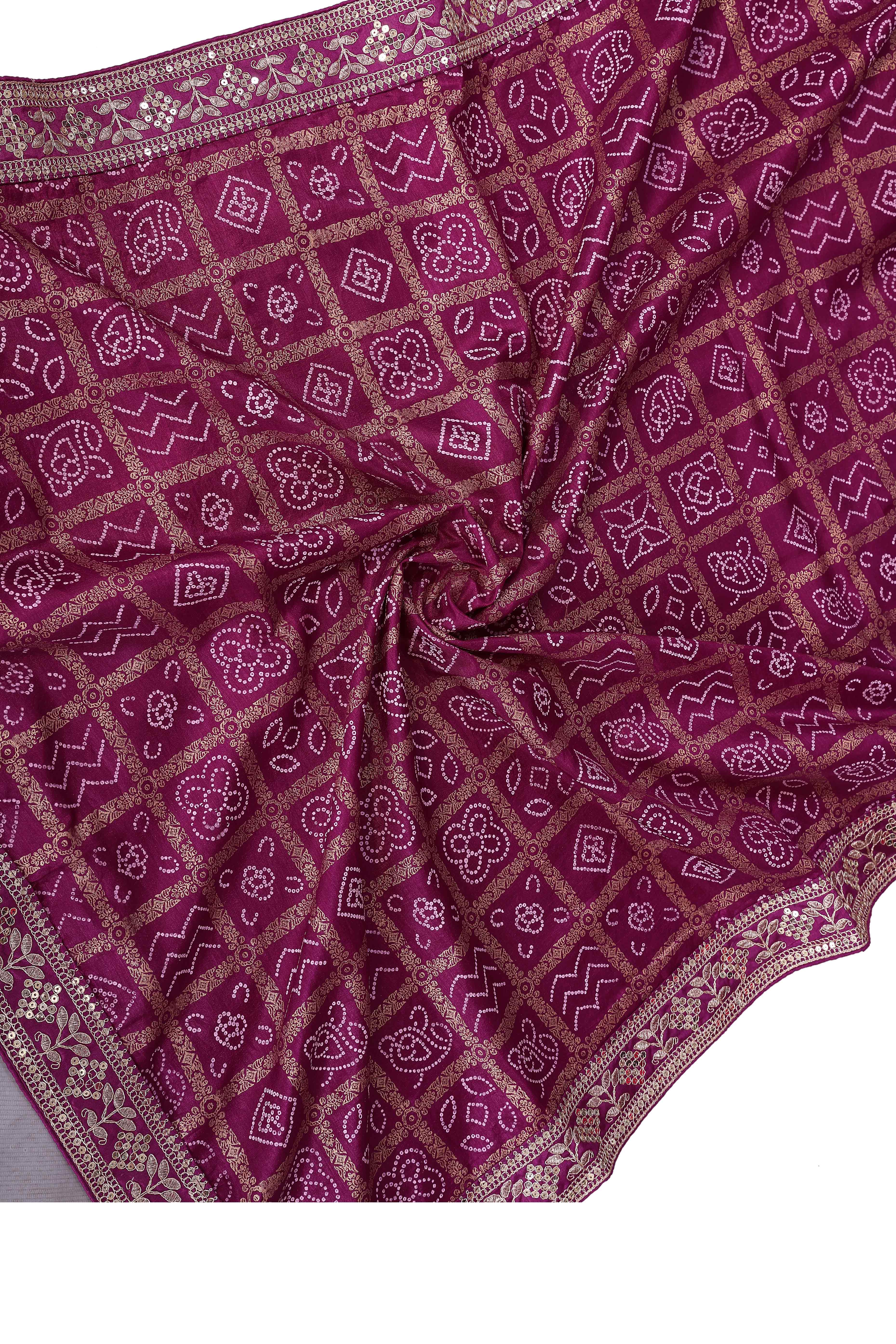 Purple Vichitra Silk Saree Highlighted with Bandhani Print and Sequins Embroidered Border