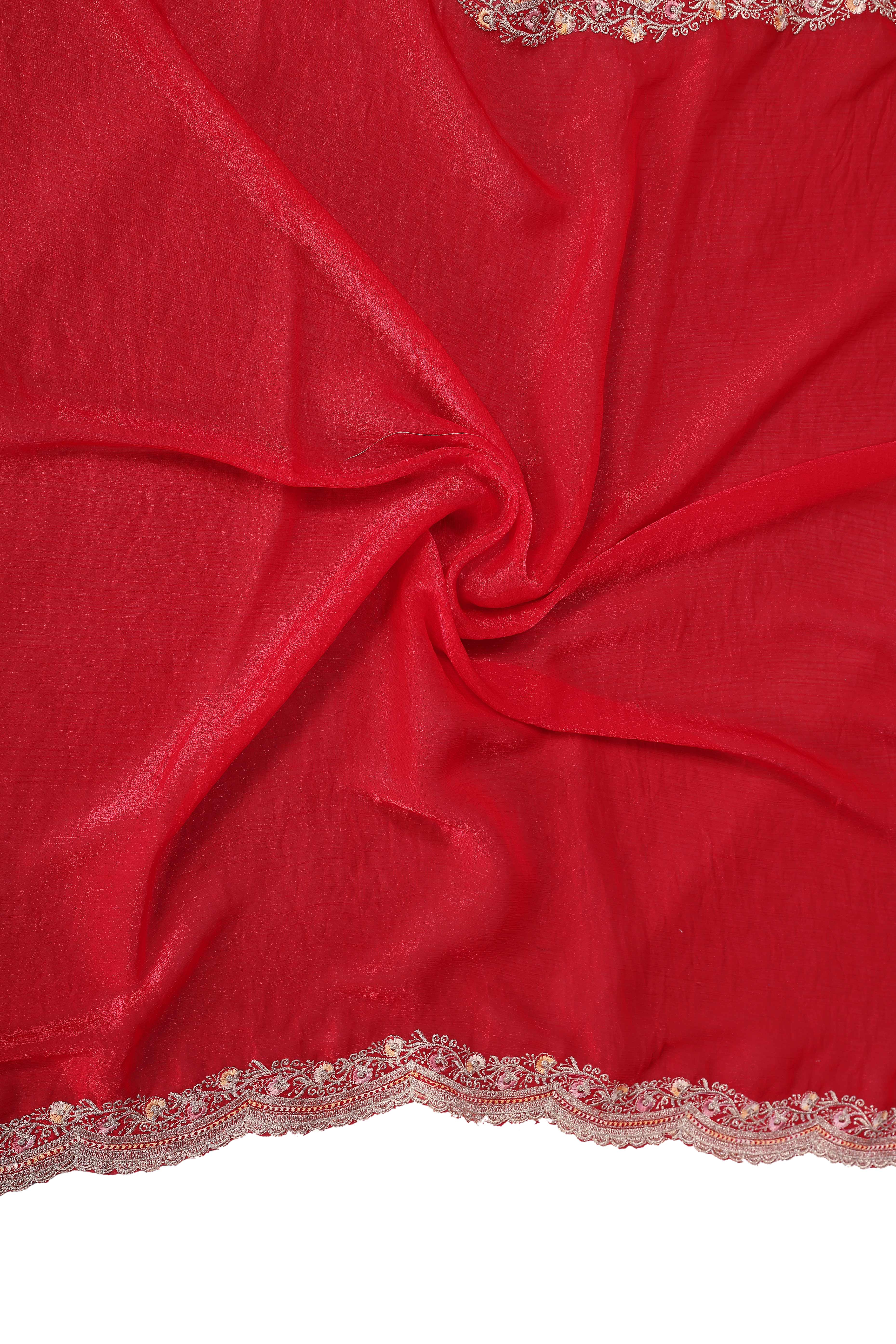 Red Chiffon Saree with Delicate Embroidered Motifs for Special Occasions