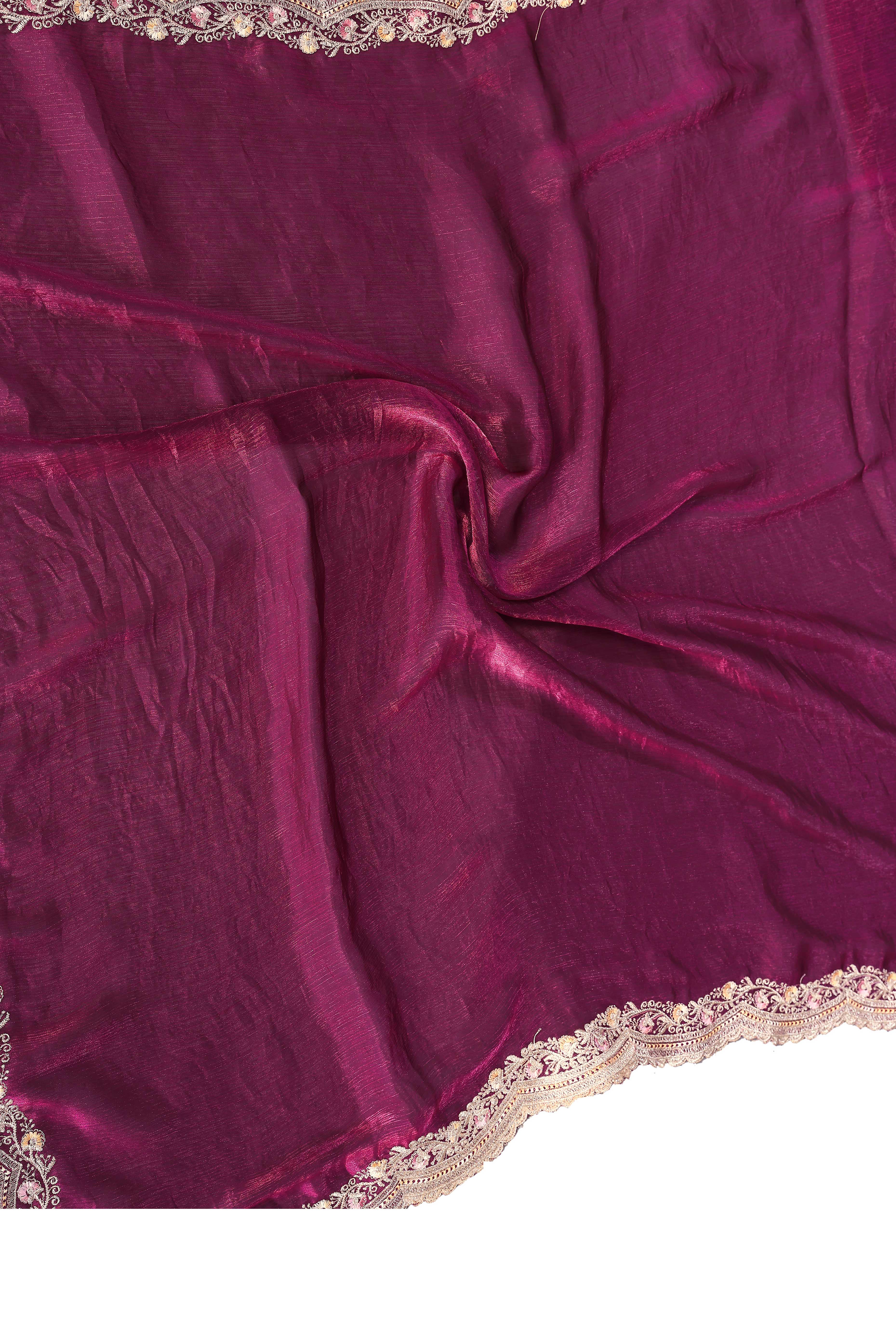 Wine Chiffon Saree with Delicate Embroidered Motifs for Special Occasions