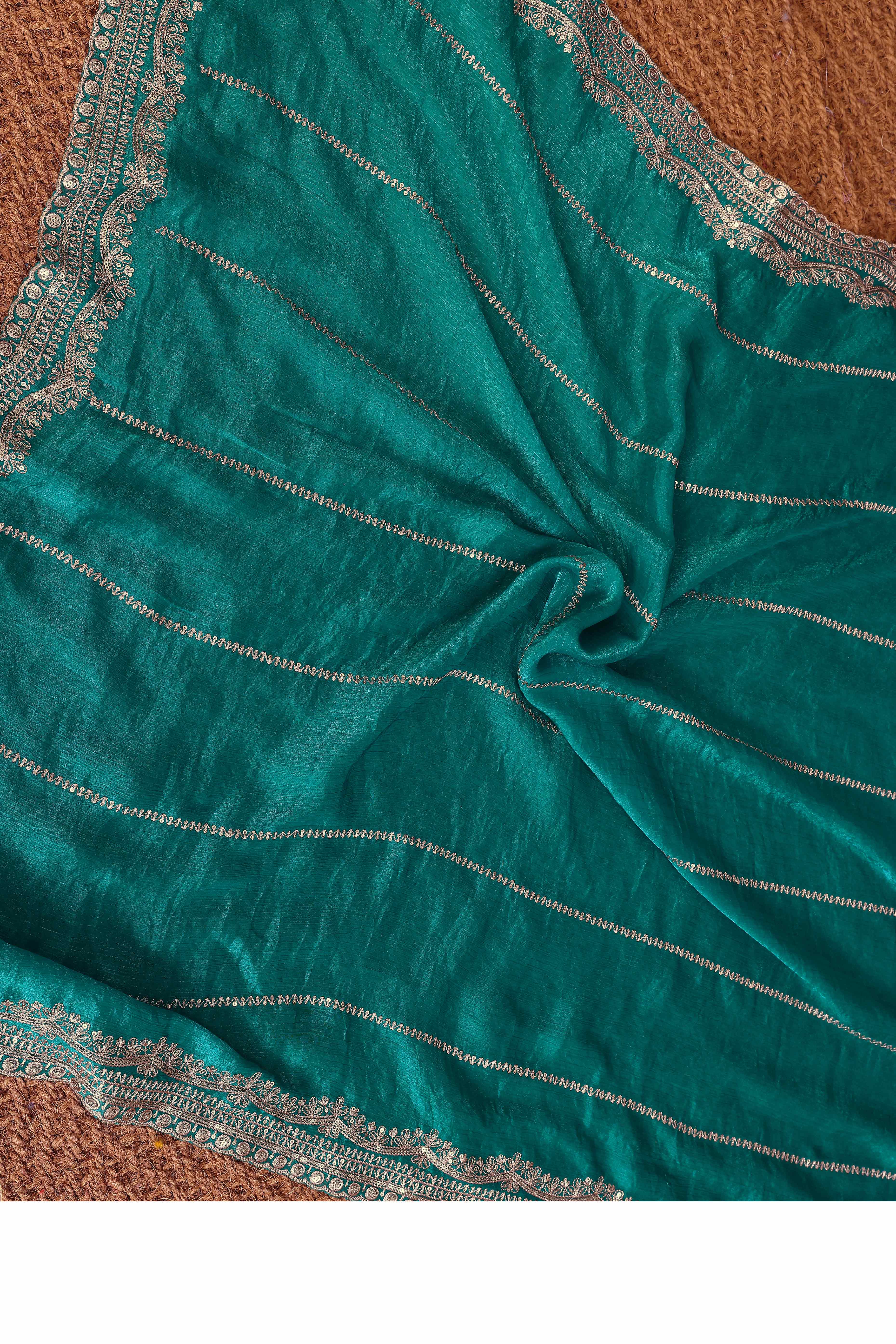 Rama Green Sequins Work Embroidered Chiffon Partywear Saree with Stylish Shimmer Finish