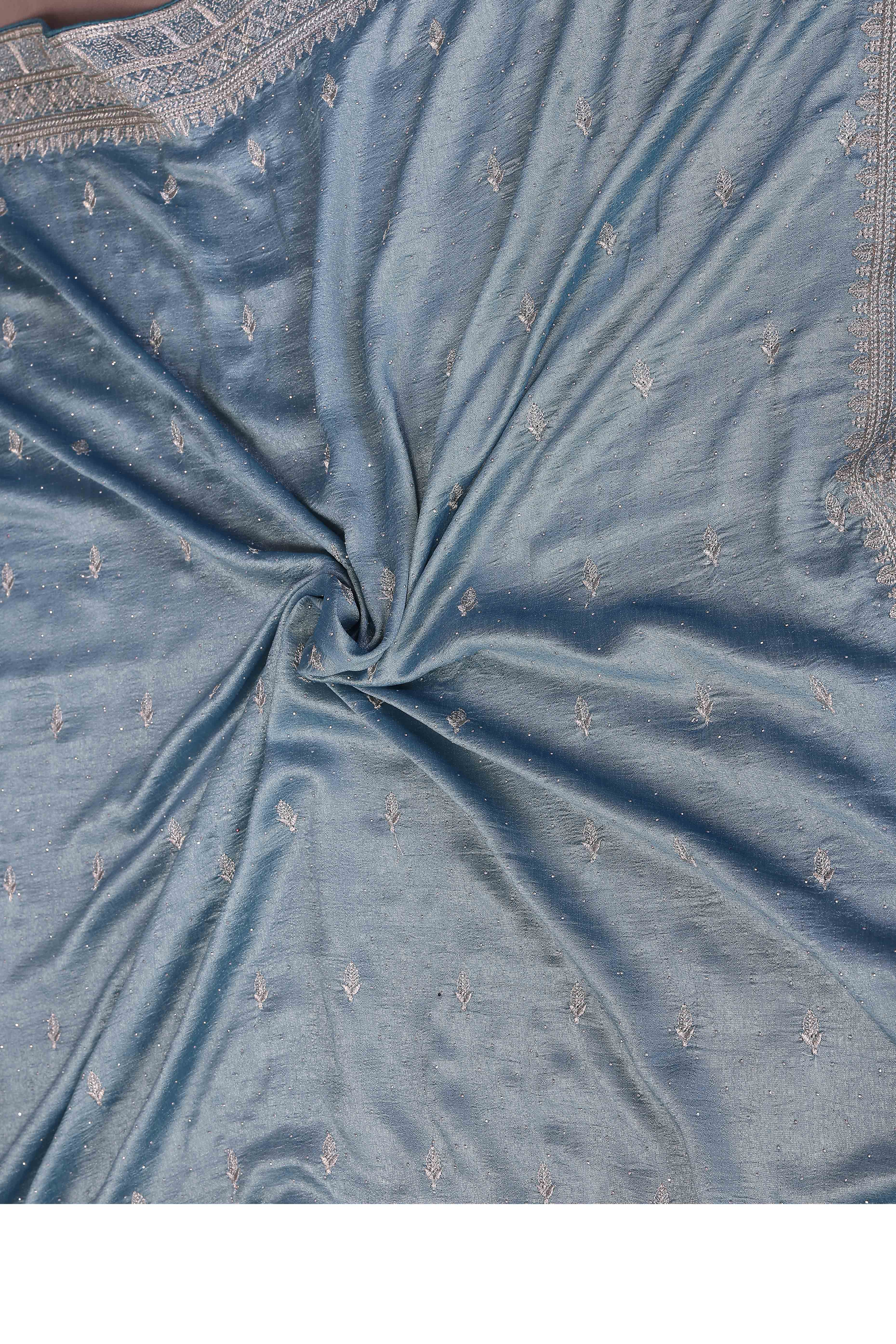 Light Blue Thread Work Embroidered Vichitra Silk Partywear Saree