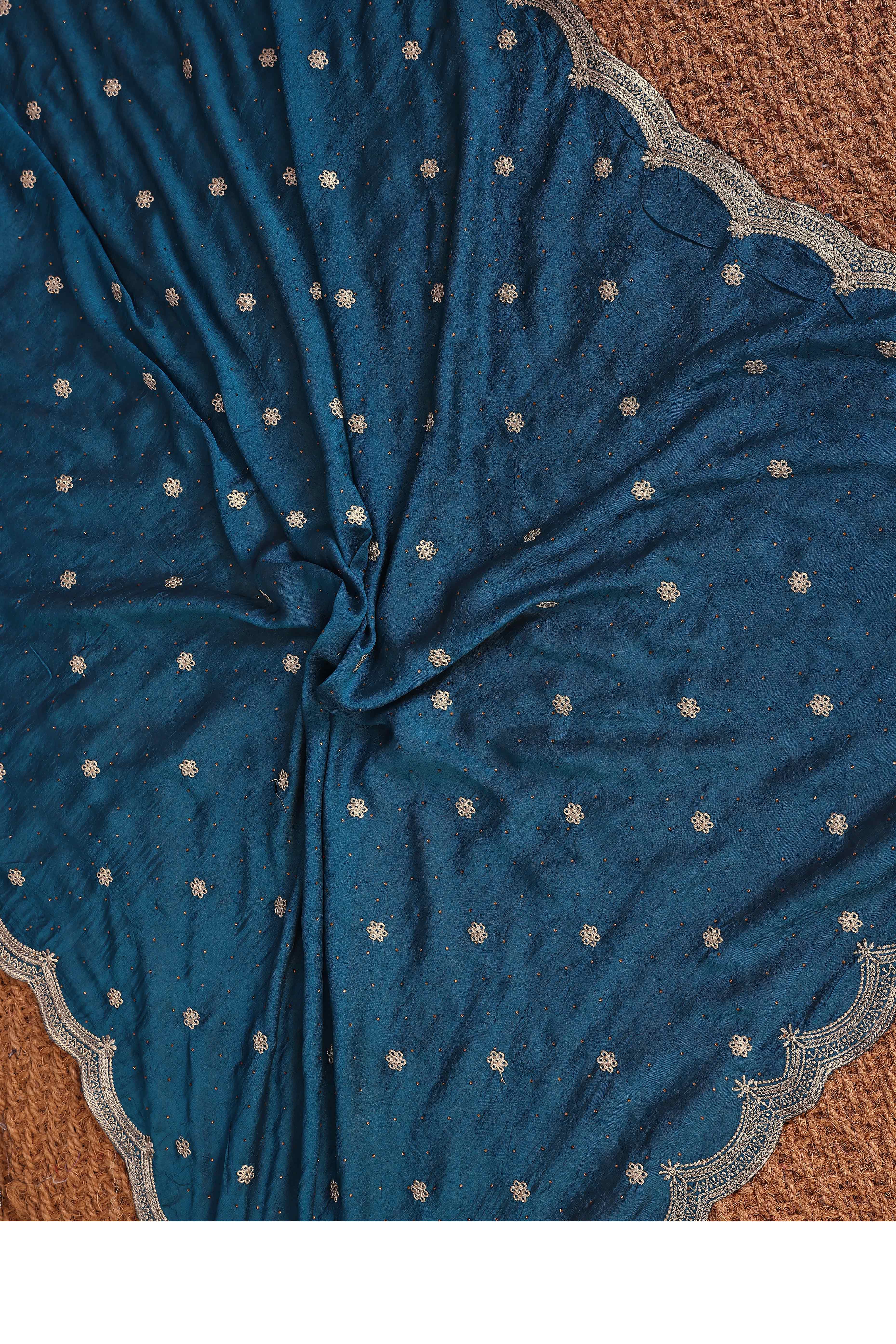 Teal Thread Work Embroidered Vichitra Silk Saree Stunning Partywear with Luxurious Finish