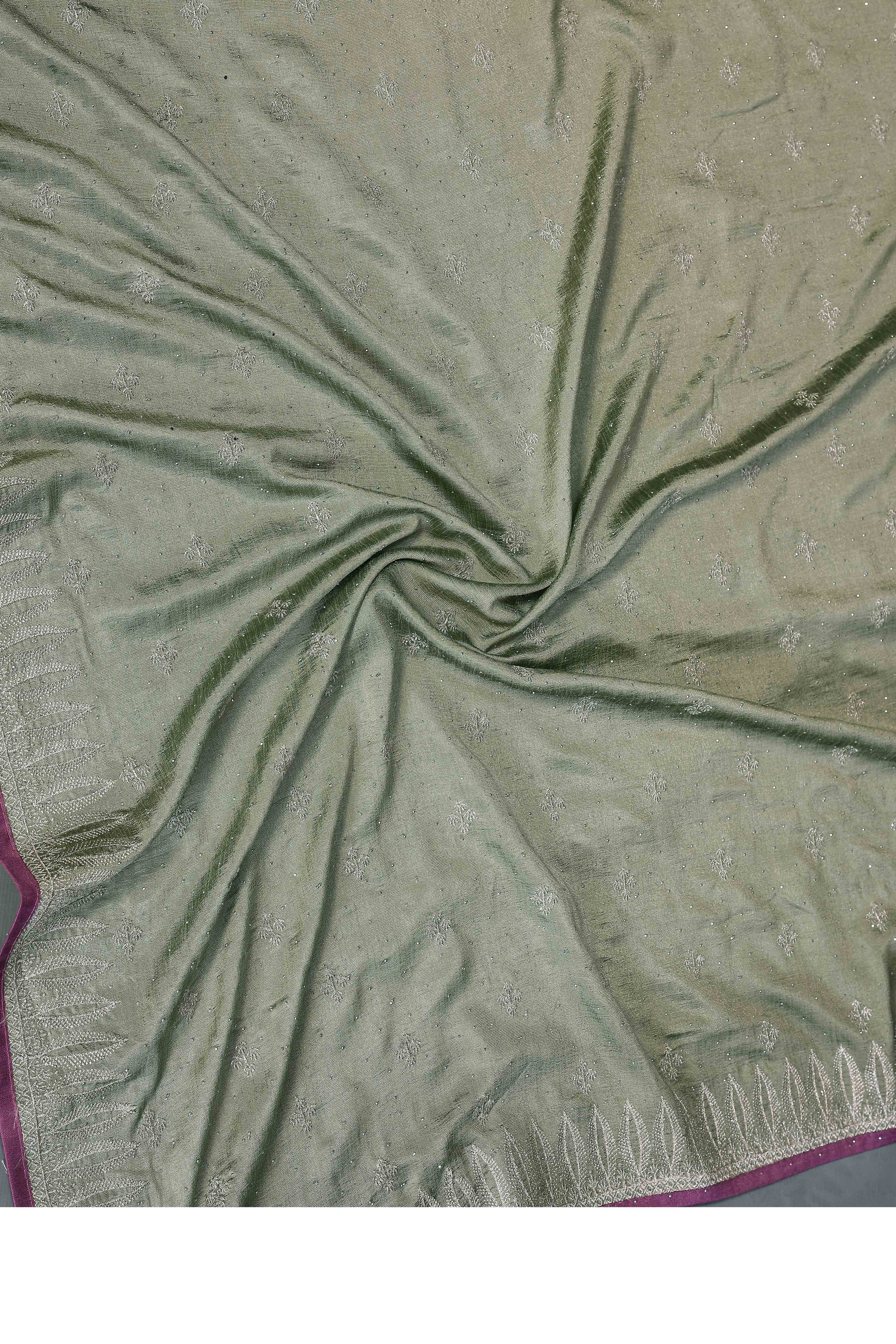 Dusty Green Designer Vichitra Silk Saree Enhanced with Delicate Thread Work Embroidery