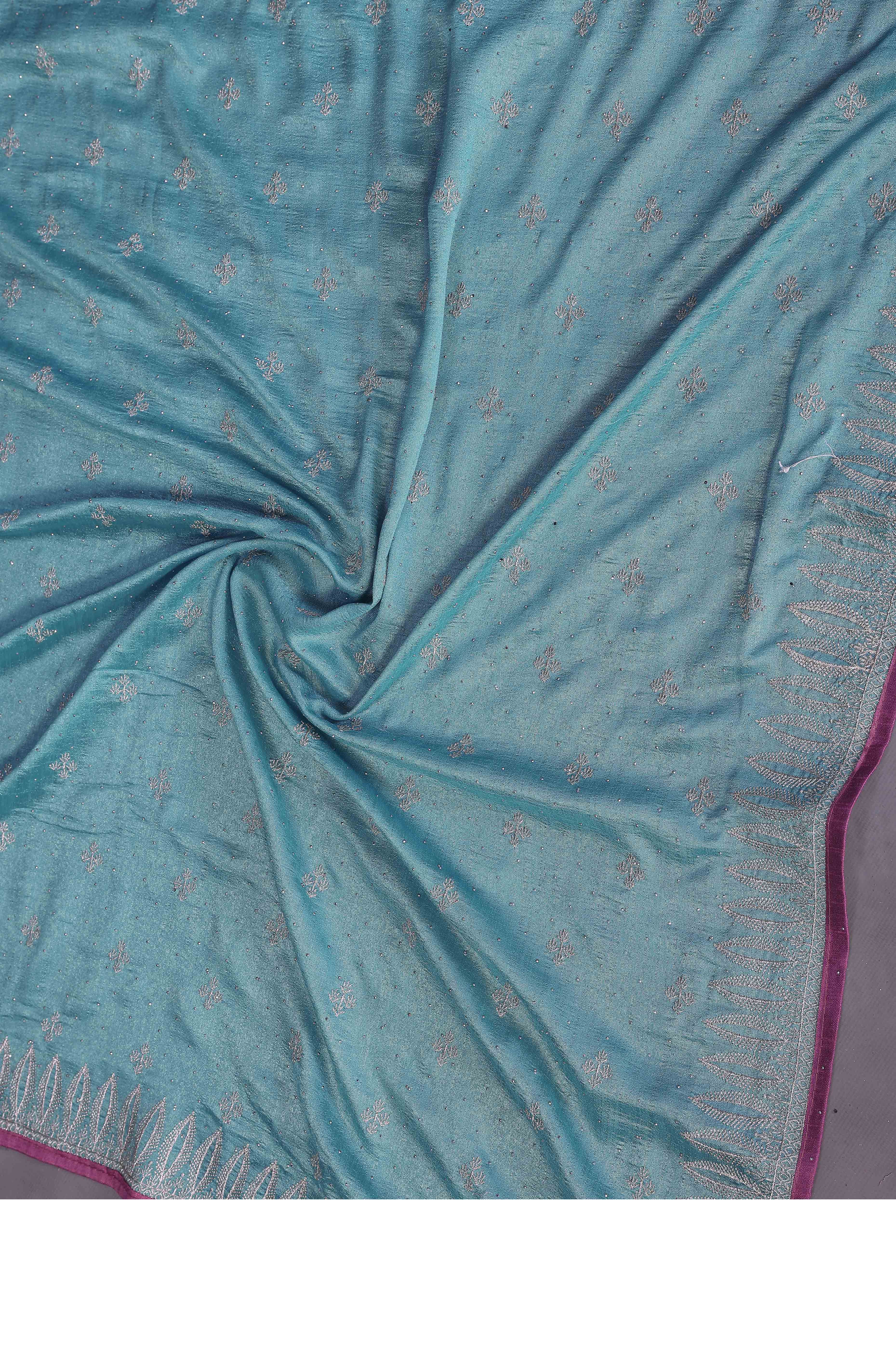 Teal Designer Vichitra Silk Saree Enhanced with Delicate Thread Work Embroidery
