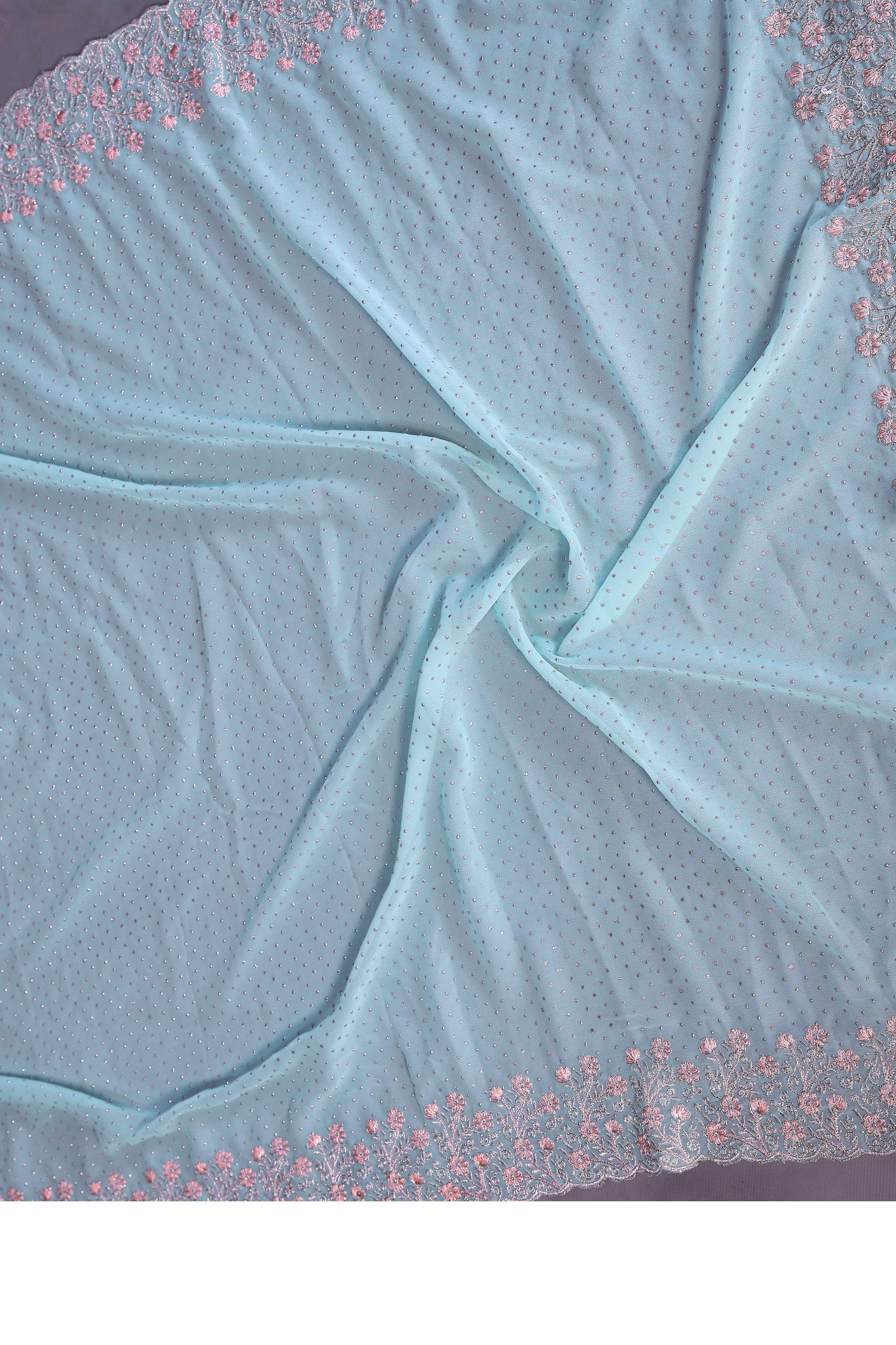 Sky Blue Designer Georgette Saree Enhanced with Delicate Thread Work Embroidery